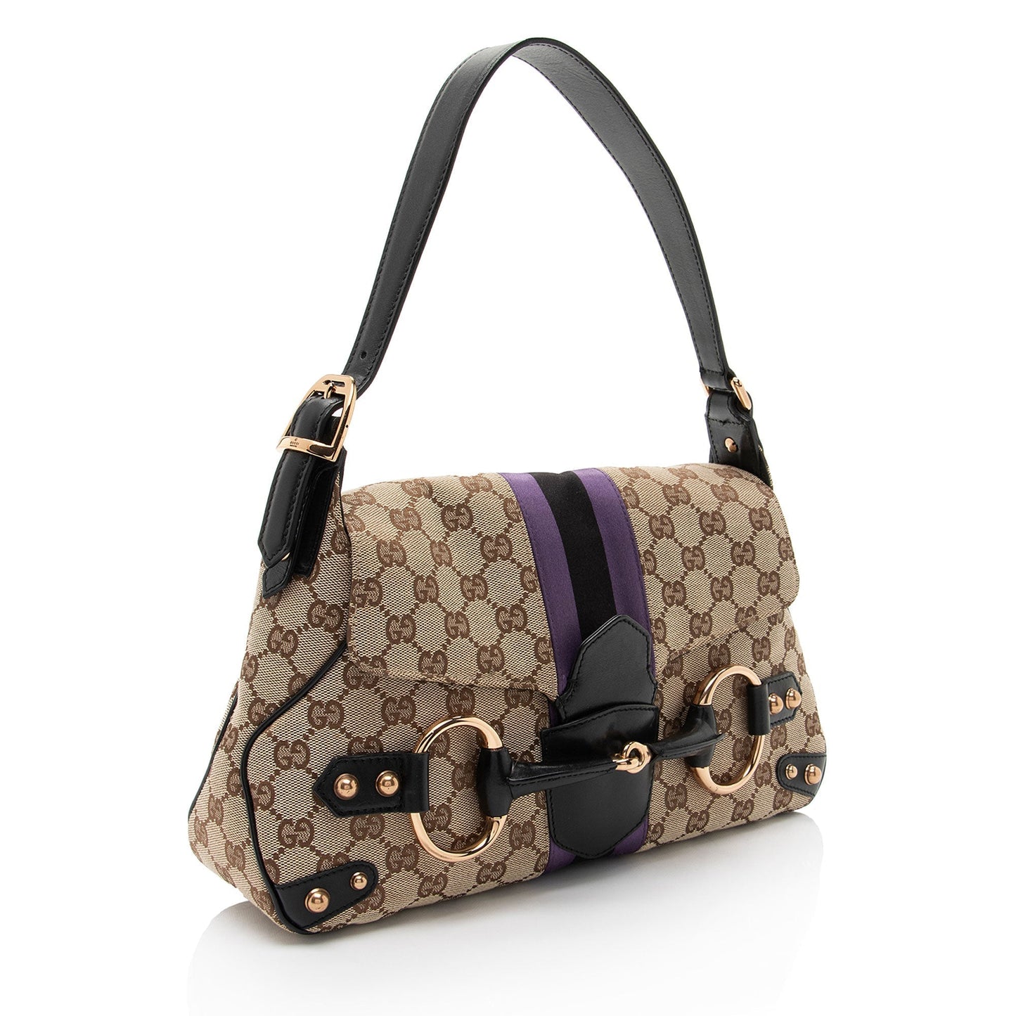 Gucci GG Supreme Horsebit Web Flap Leather Canvas Satin Black Shoulder Bag
