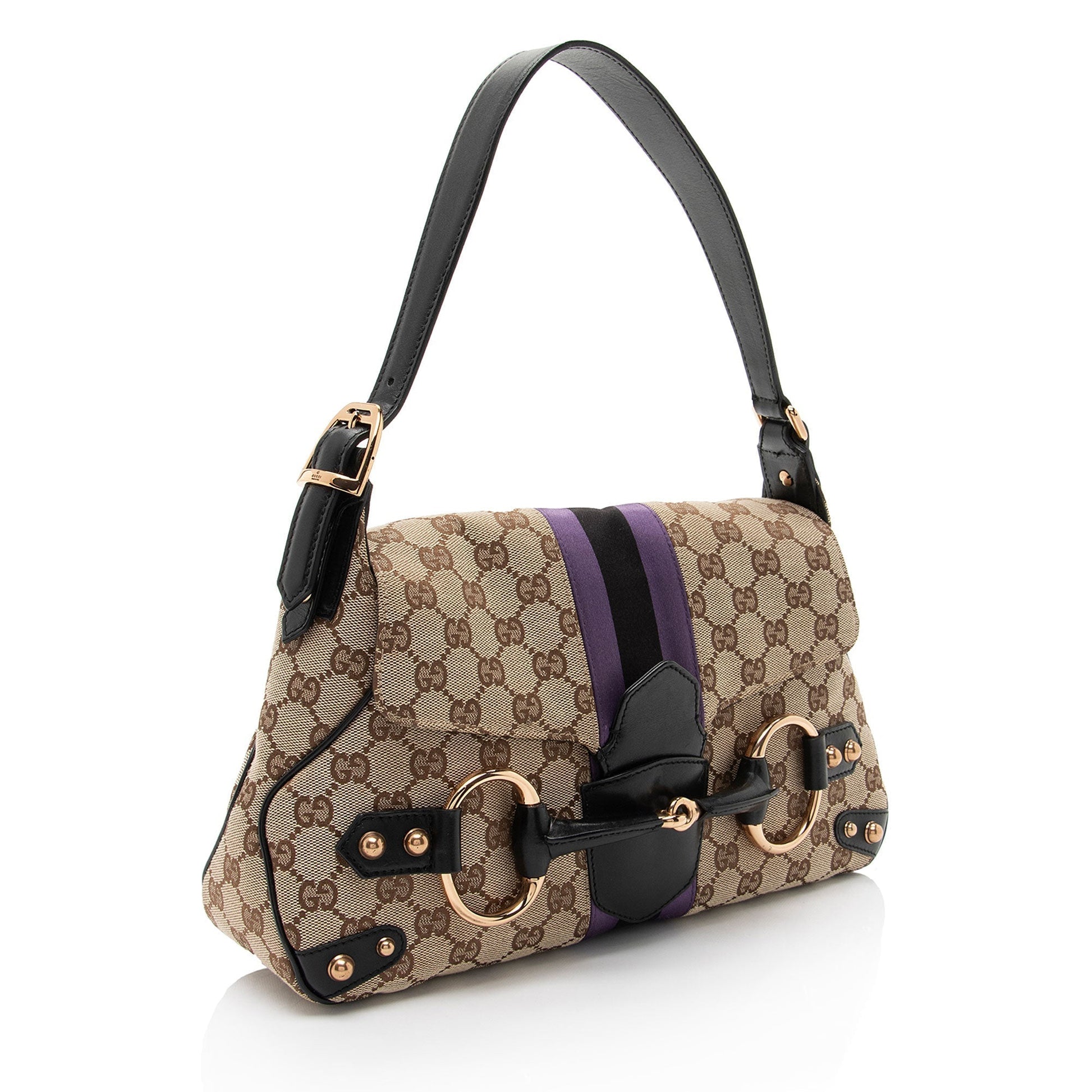 Gucci GG Supreme Horsebit Web Flap Leather Canvas Satin Black Shoulder Bag