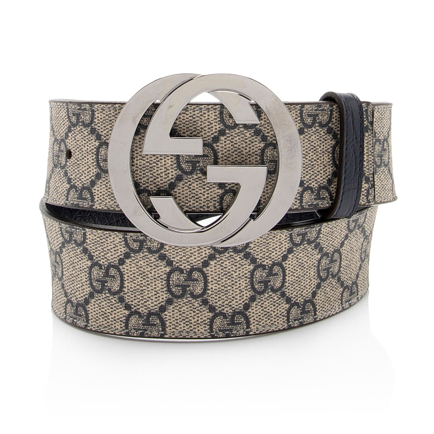 Gucci GG Supreme Interlocking G Belt Leather Canvas Beige Blue Accessory Shf 6Rxdgy