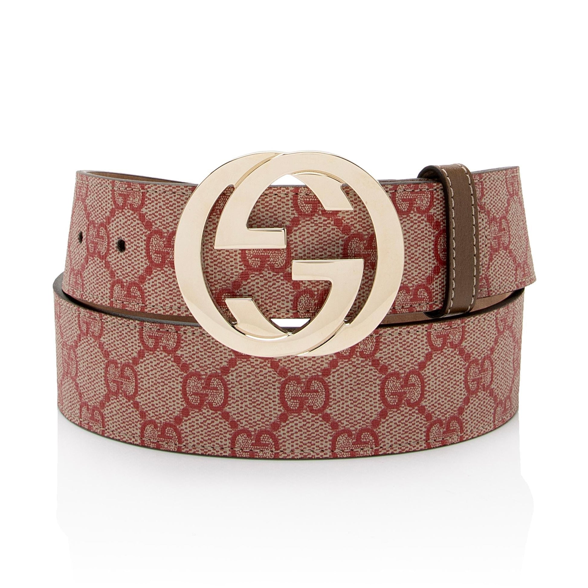 Gucci GG Supreme Interlocking G Belt Leather Canvas Beige Red Accessory