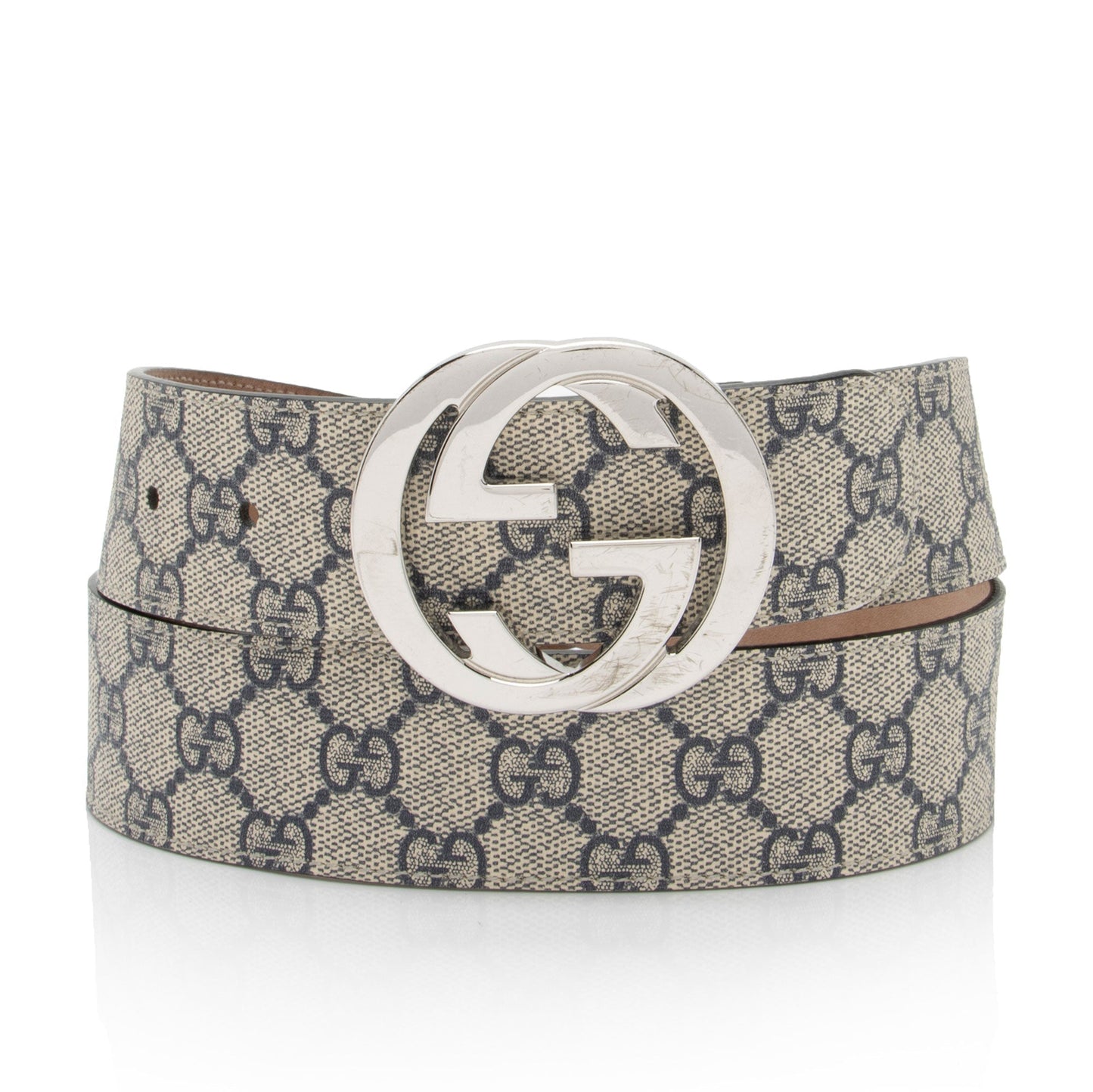 Gucci GG Supreme Interlocking G Belt Leather Canvas Beige Blue Accessory Shf Mxruhe