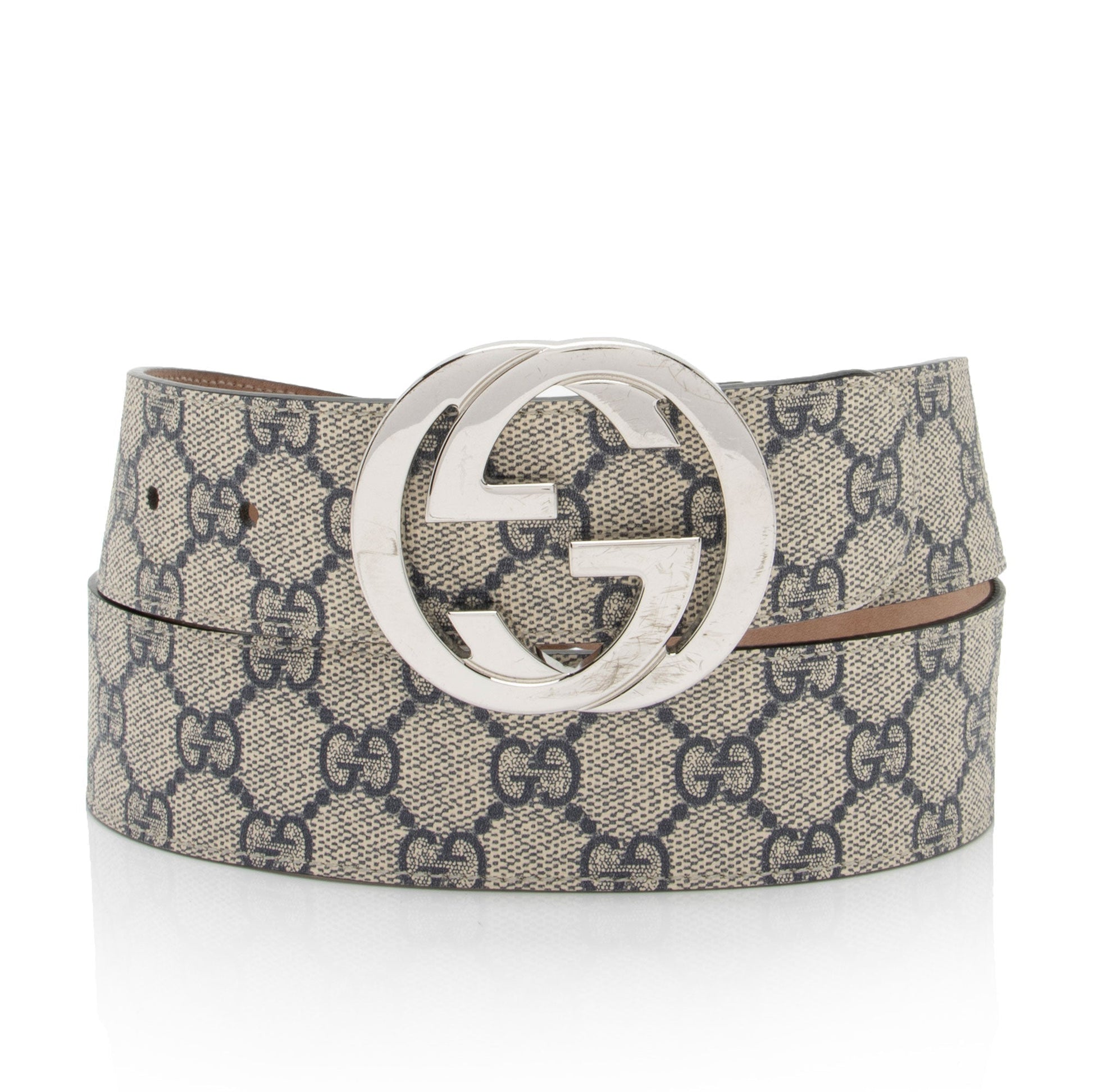 Gucci GG Supreme Interlocking G Belt Leather Canvas Beige Blue Accessory Shf Mxruhe
