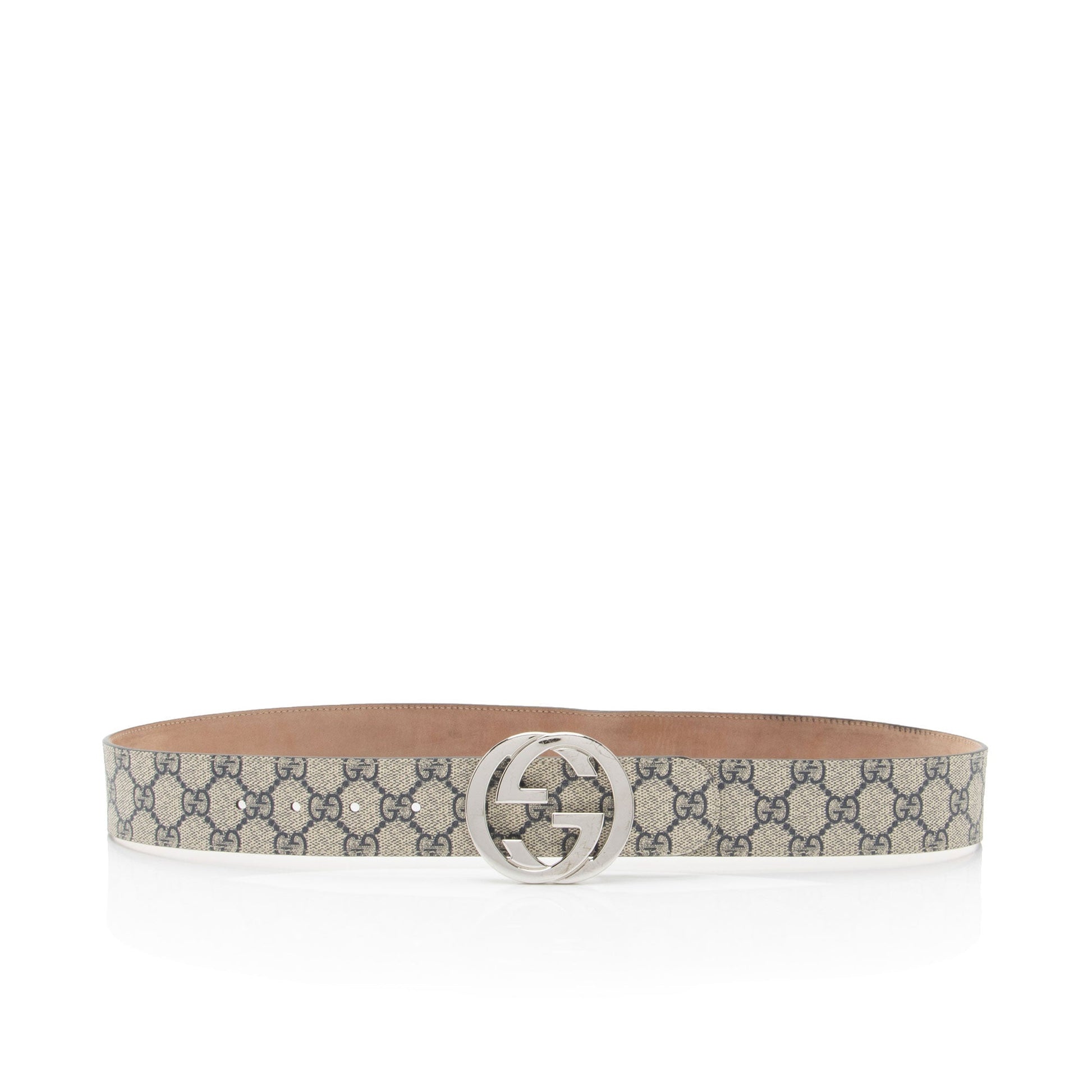 Gucci GG Supreme Interlocking G Belt Leather Canvas Beige Blue Accessory Shf Mxruhe