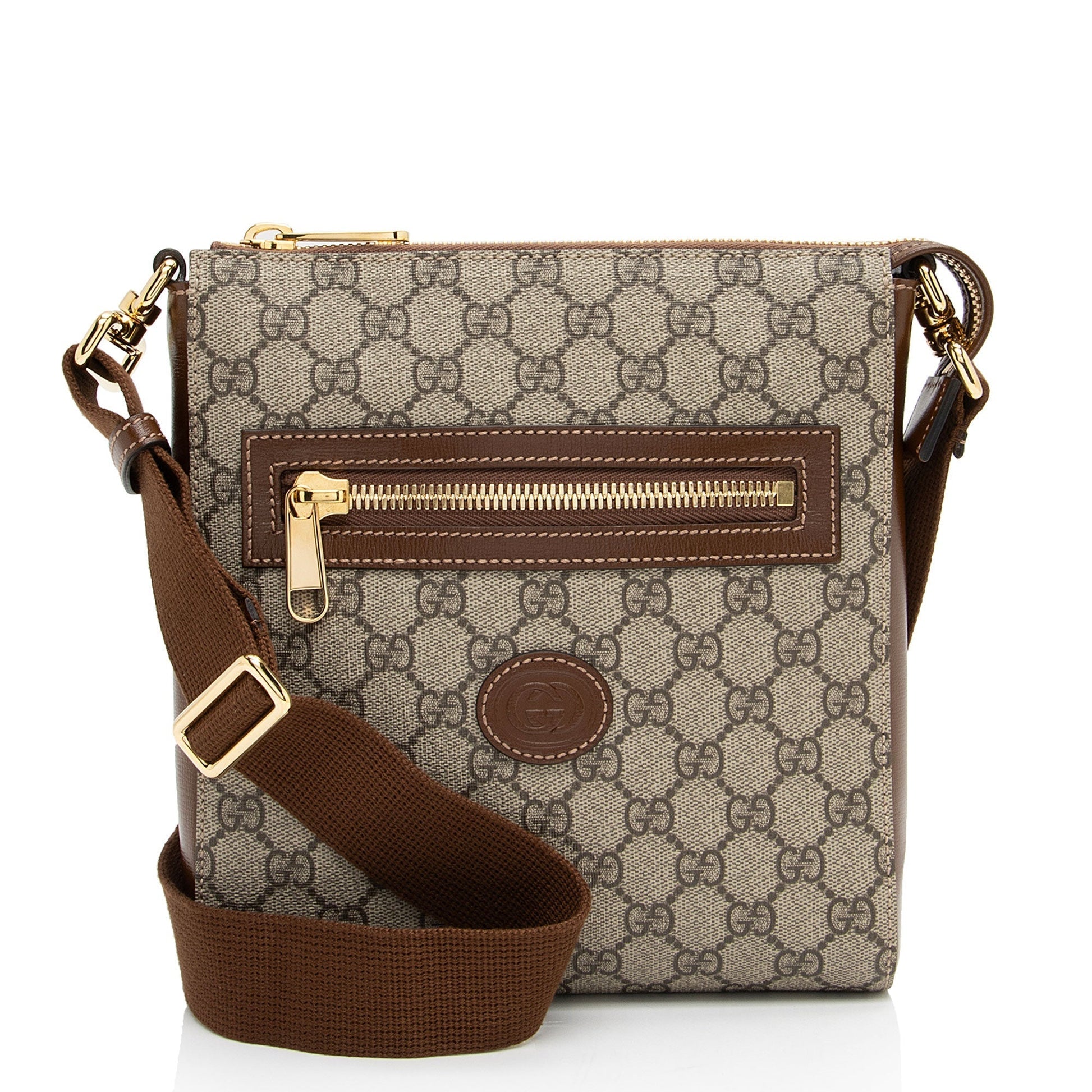 Gucci GG Supreme Interlocking G Messenger Leather Canvas Nylon Brown Shoulder Bag