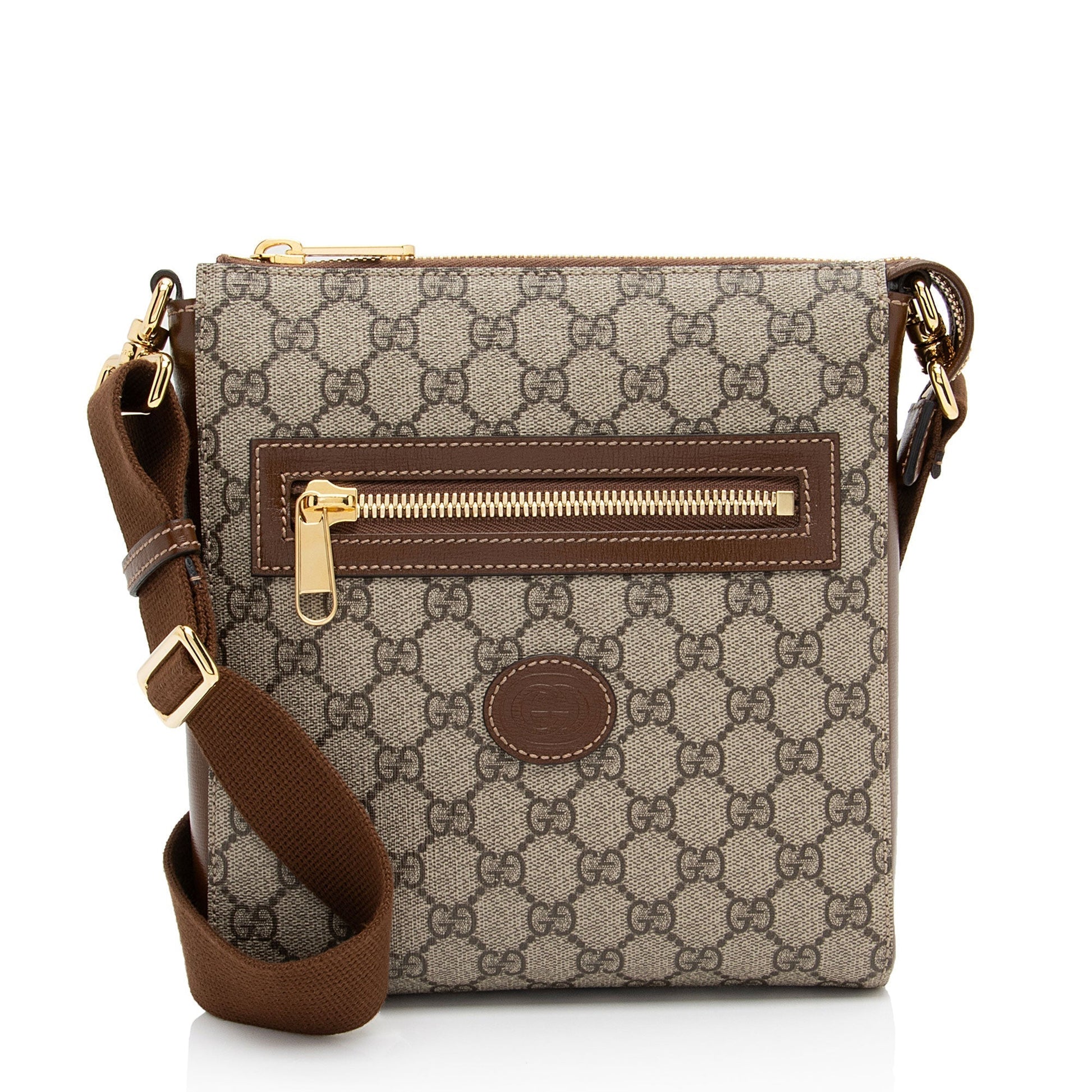 Gucci GG Supreme Interlocking G Messenger Leather Canvas Nylon Brown Shoulder Bag Shf Xfbd7L