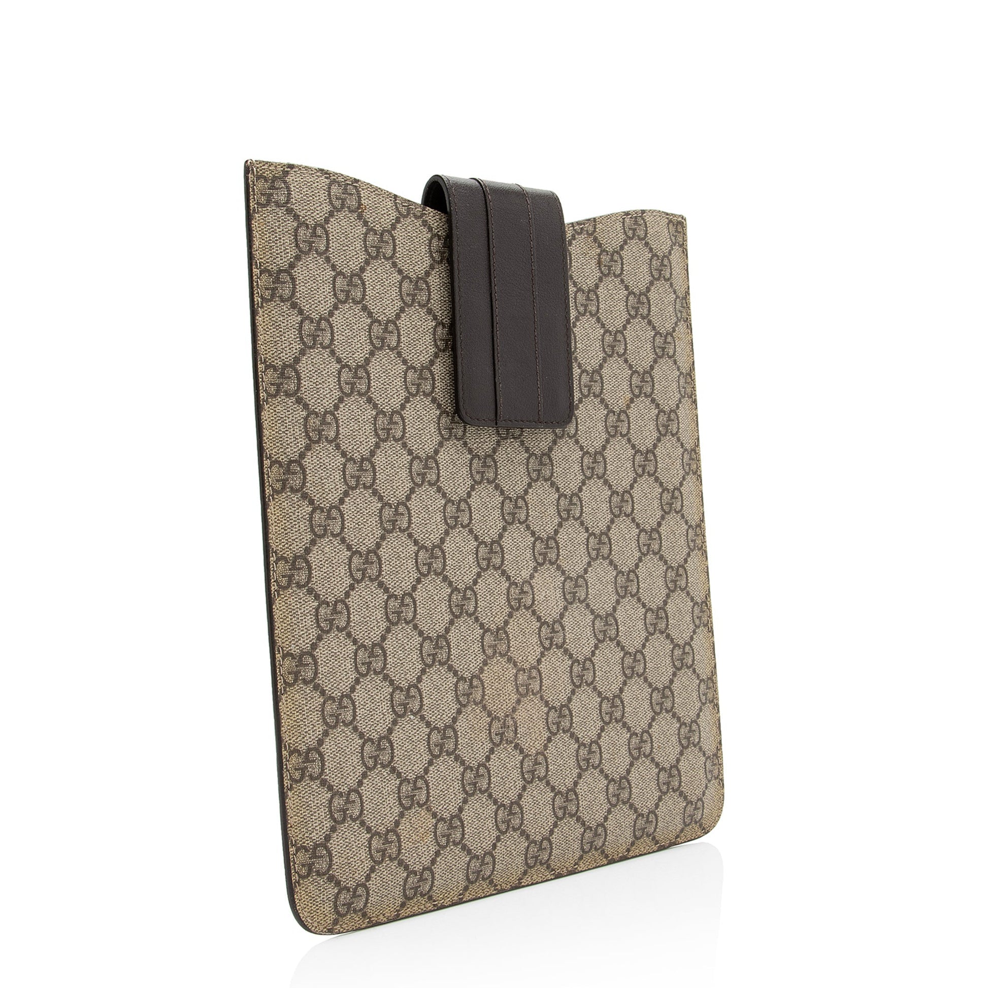 Gucci GG Supreme iPad Case SHF Leather Canvas Brown Beige Handbag