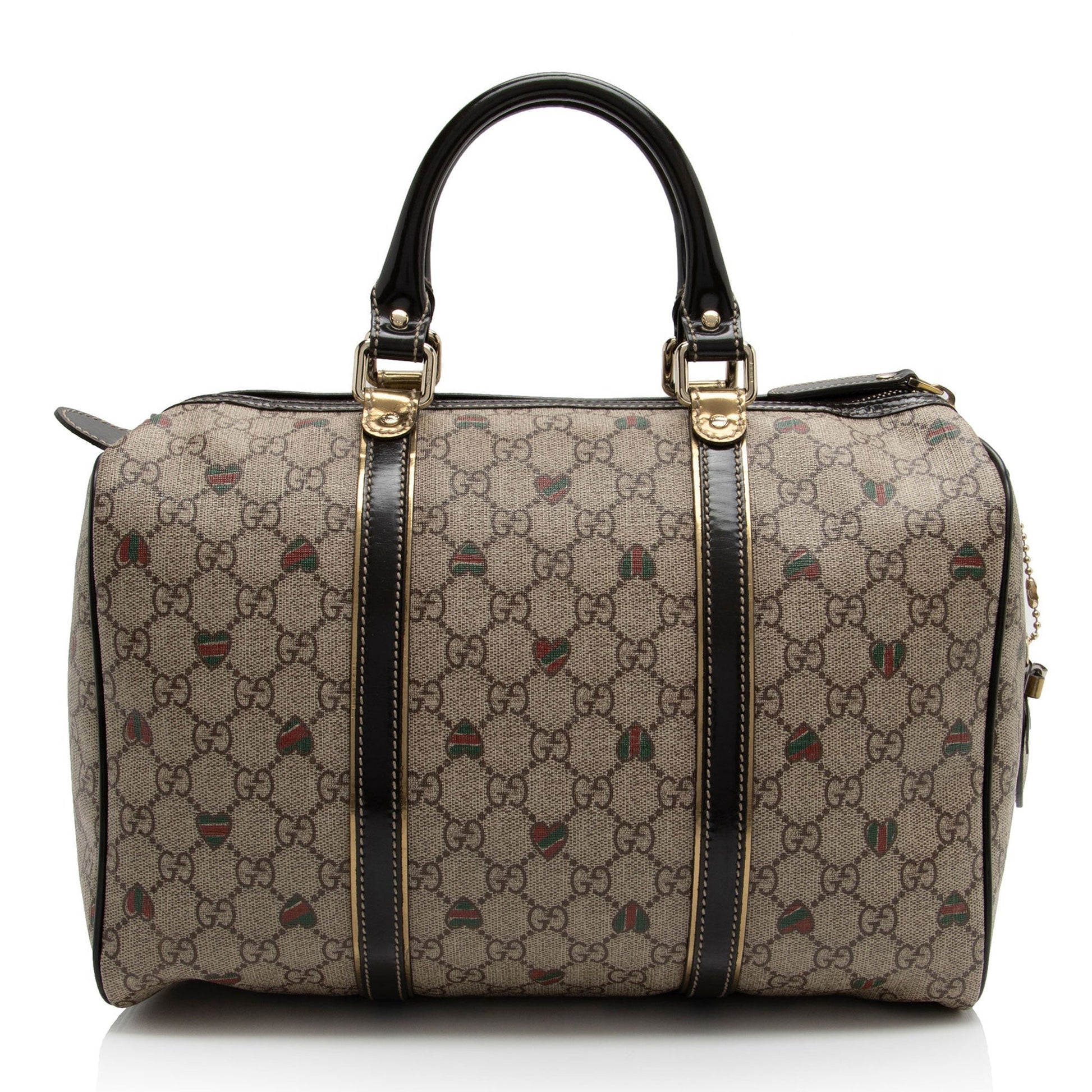 Gucci GG Supreme Tattoo Hearts Joy Leather Canvas Patent Brown Satchel Bag