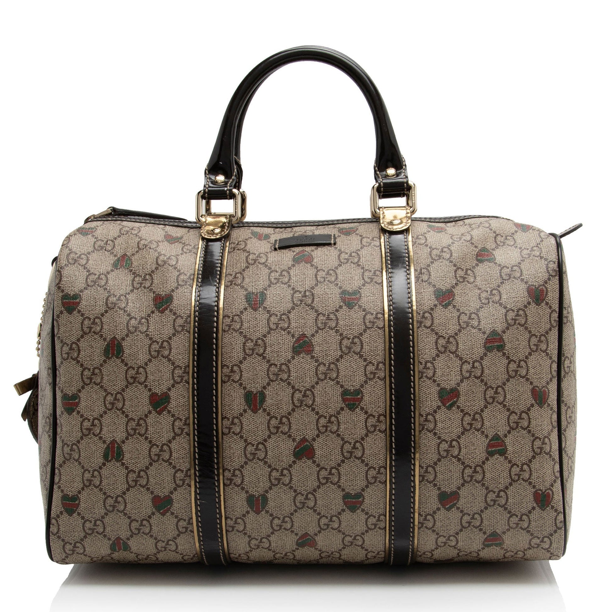 Gucci GG Supreme Tattoo Hearts Joy Leather Canvas Patent Brown Satchel Bag