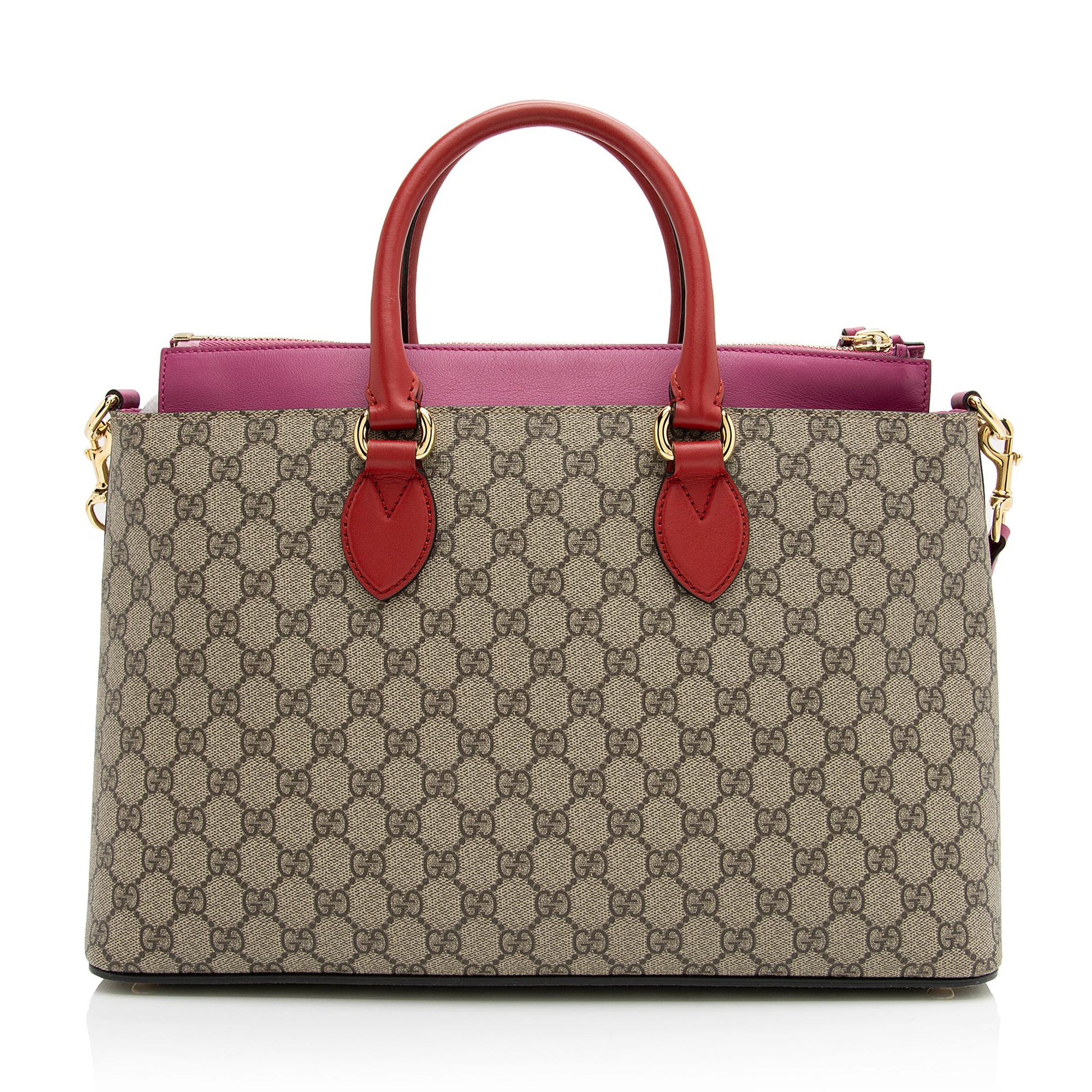 Gucci GG Supreme Zip SHF Leather Canvas Beige Pink Tote Bag