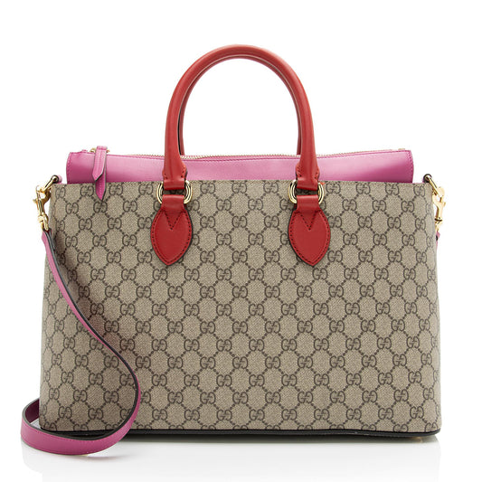Gucci GG Supreme Zip SHF Leather Canvas Beige Pink Tote Bag