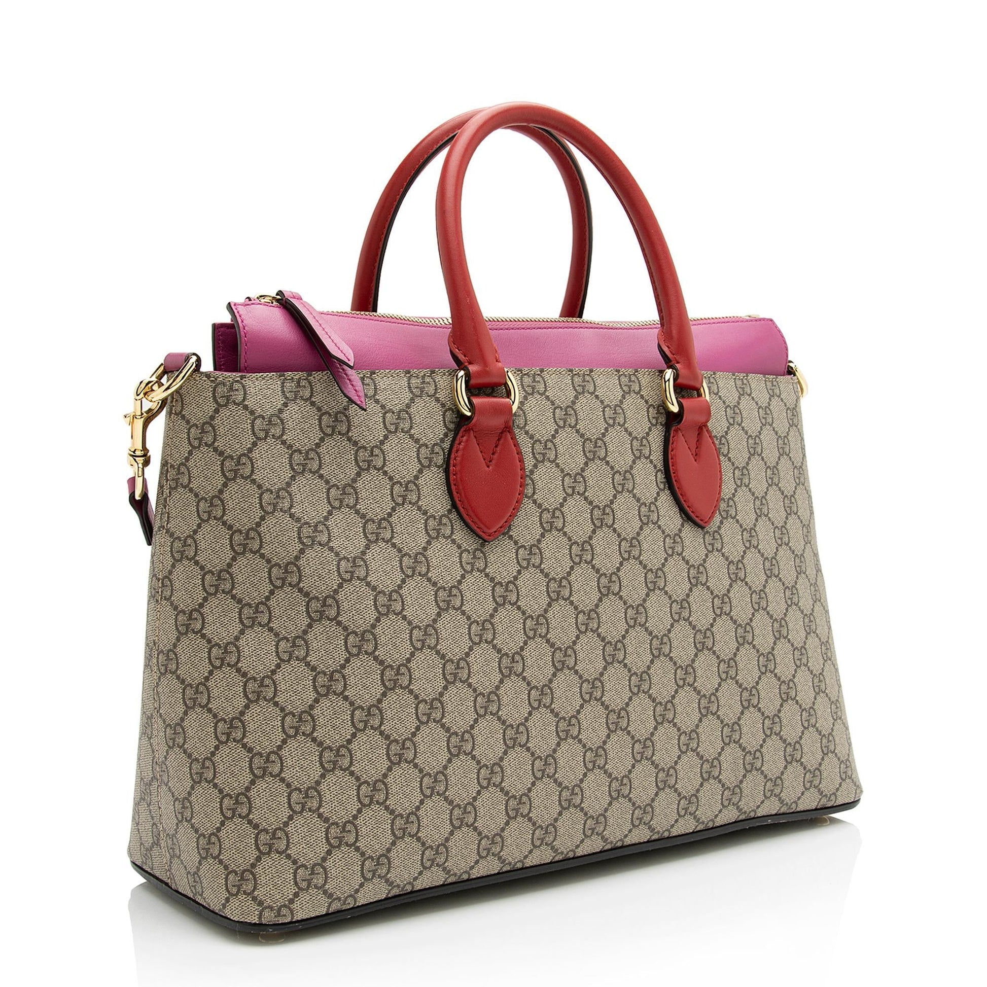 Gucci GG Supreme Zip SHF Leather Canvas Beige Pink Tote Bag