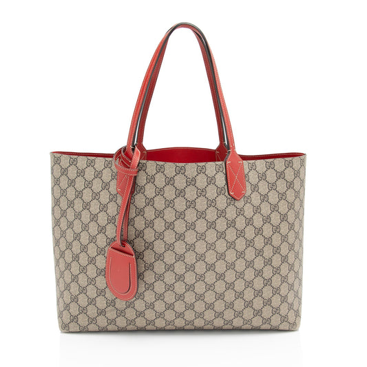 Gucci GG Supreme Reversible SHF-xrAUTl Leather Canvas Beige Red Tote Bag