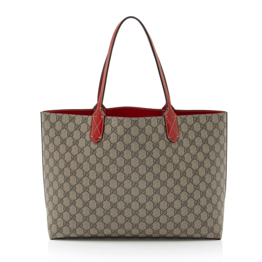 Gucci GG Supreme Reversible Leather Canvas Brown Red Tote Bag