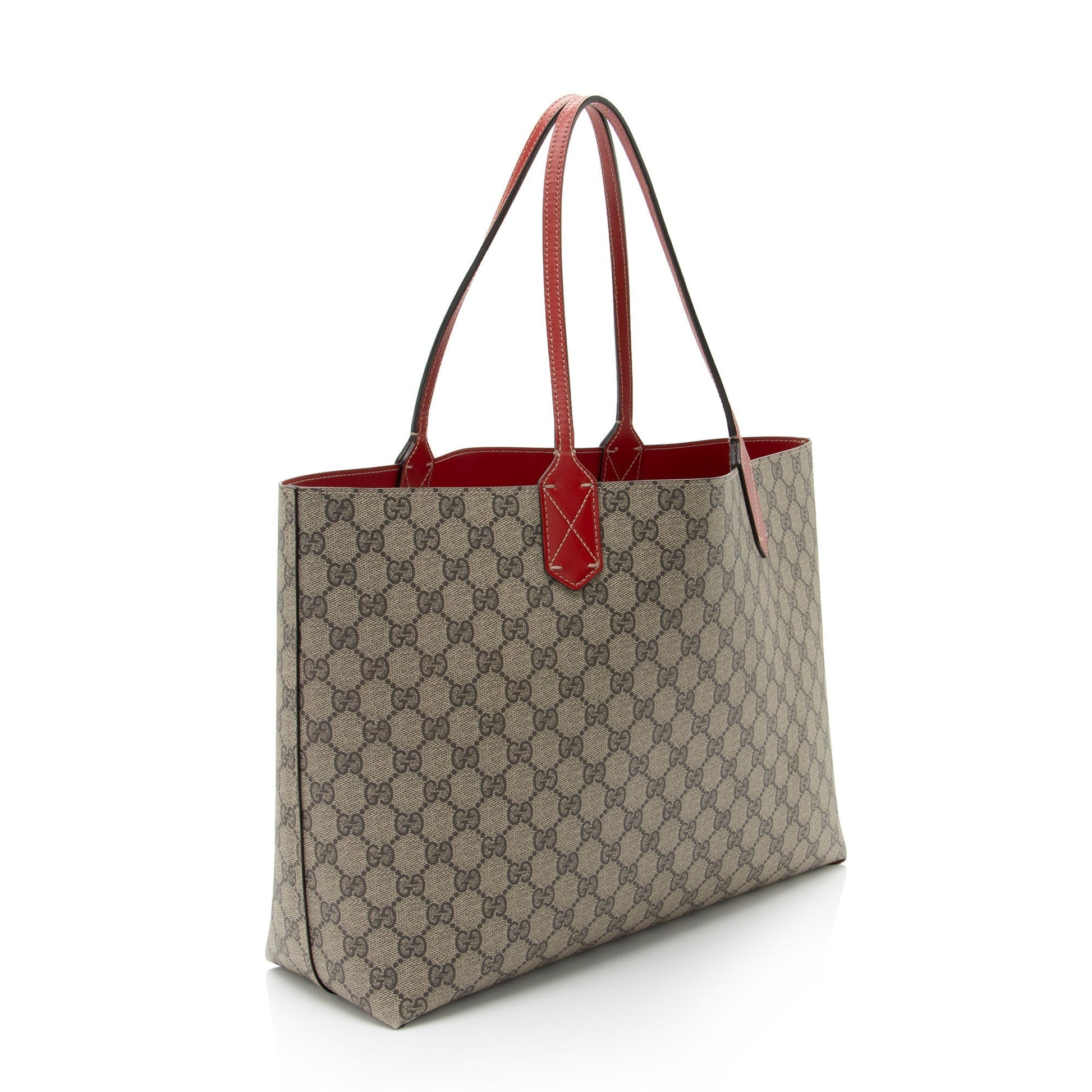 Gucci GG Supreme Reversible Leather Canvas Brown Red Tote Bag
