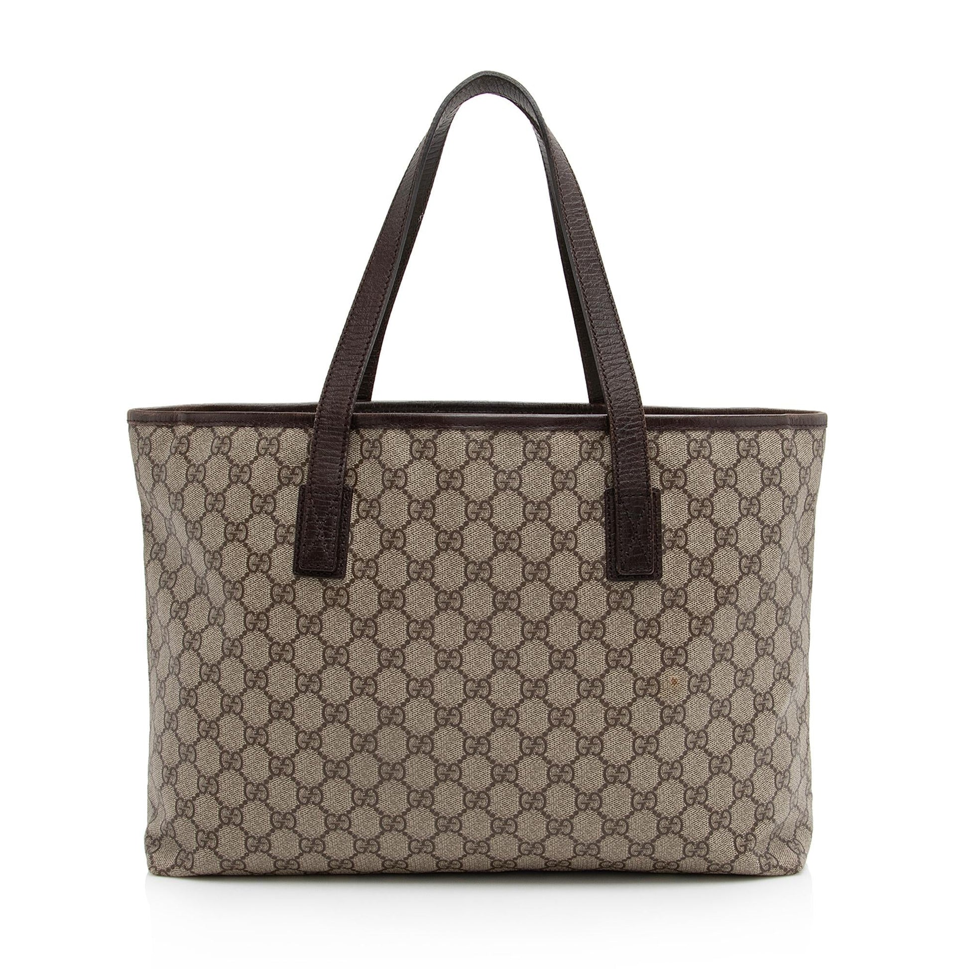 Gucci GG Supreme Zip Shopping SHF Leather Canvas Brown Beige Tote Bag