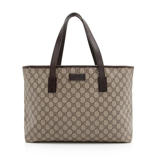 Gucci GG Supreme Zip Shopping SHF Leather Canvas Brown Beige Tote Bag