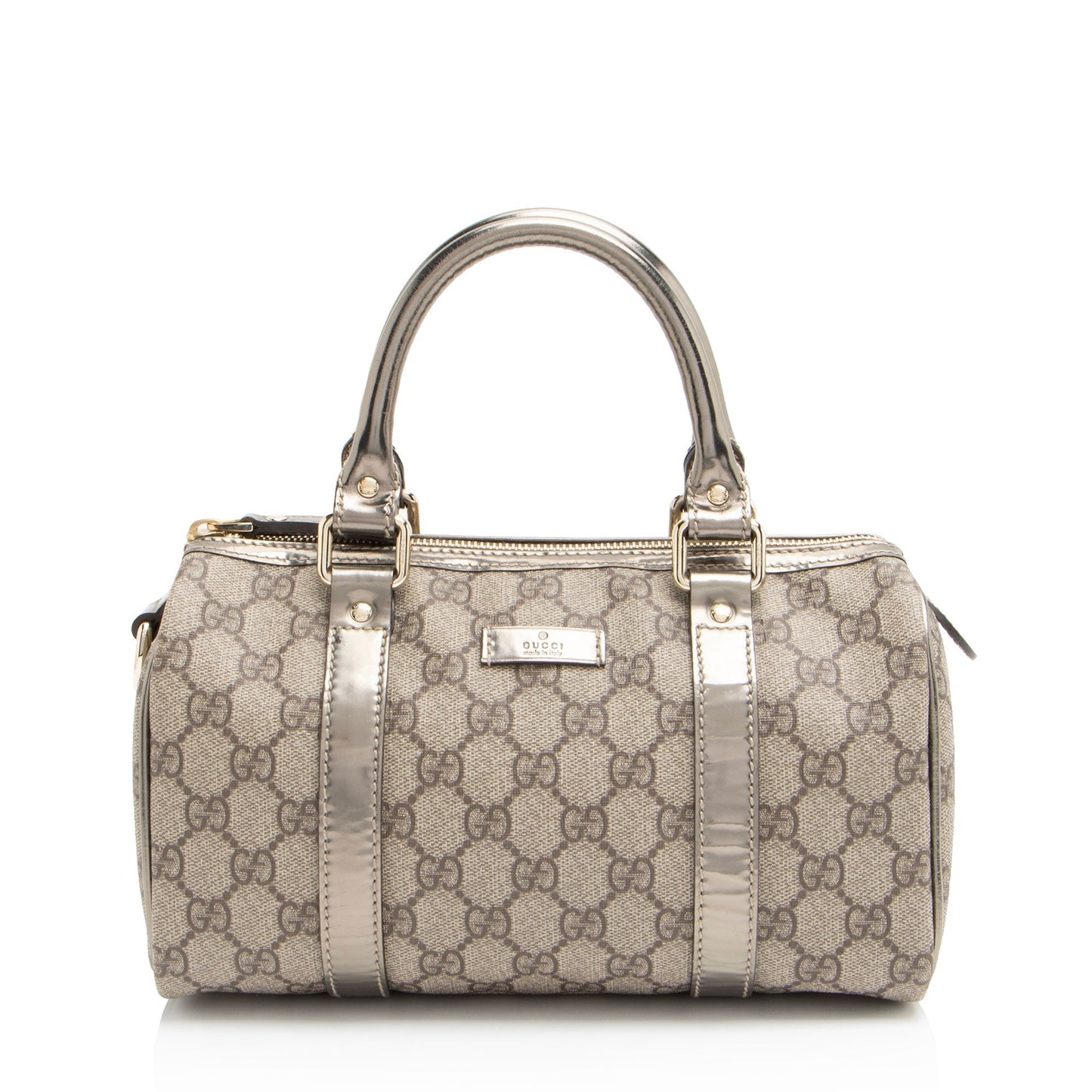 Gucci GG Supreme Metallic Joy Boston Leather Canvas Beige Gold Satchel Bag