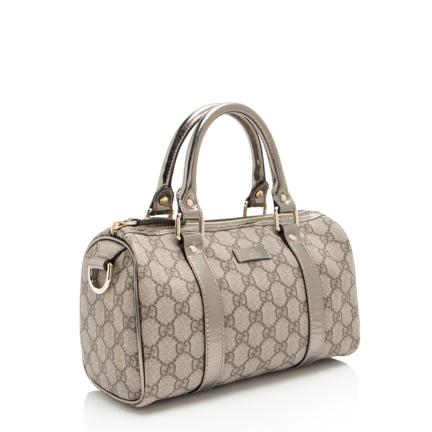 Gucci GG Supreme Metallic Joy Boston Leather Canvas Beige Gold Satchel Bag