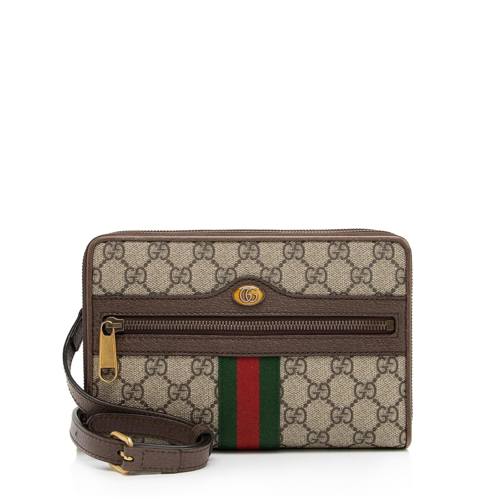 Gucci GG Supreme Ophidia Double Zip Leather Canvas Brown Beige Crossbody Bag