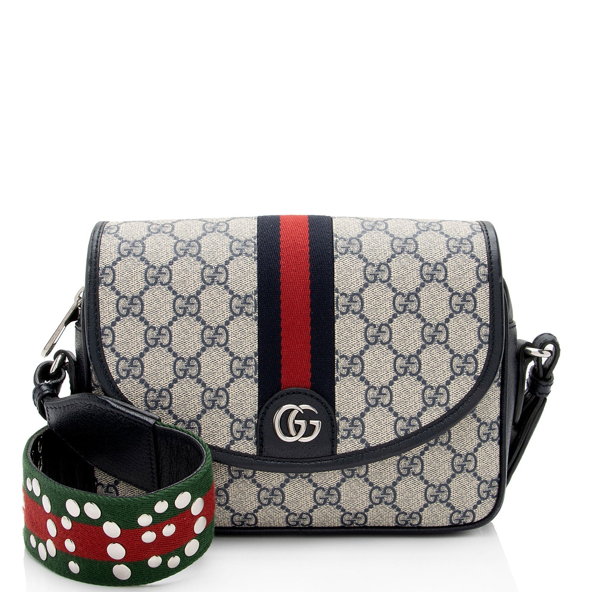 Gucci GG Supreme Ophidia Studded Web Leather Canvas Nylon Beige Shoulder Bag