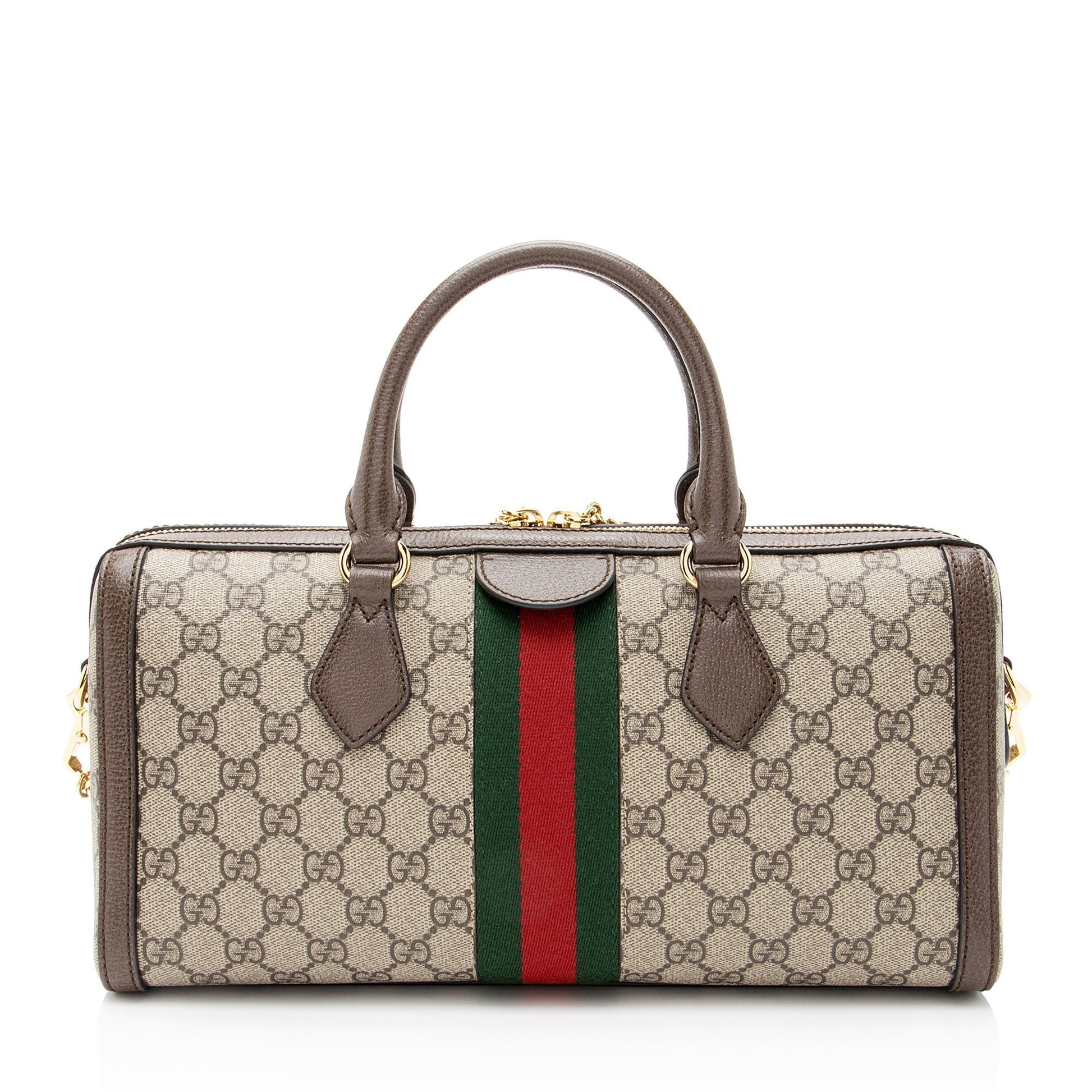 Gucci GG Supreme Ophidia Boston Leather Canvas Nylon Brown Satchel Bag
