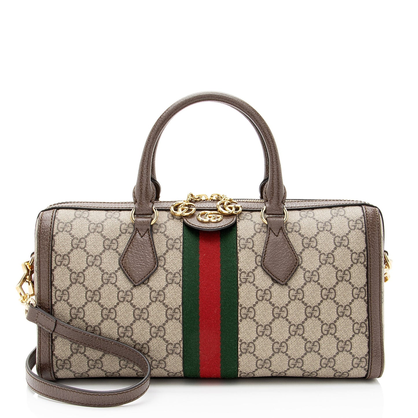 Gucci GG Supreme Ophidia Boston Leather Canvas Nylon Brown Satchel Bag