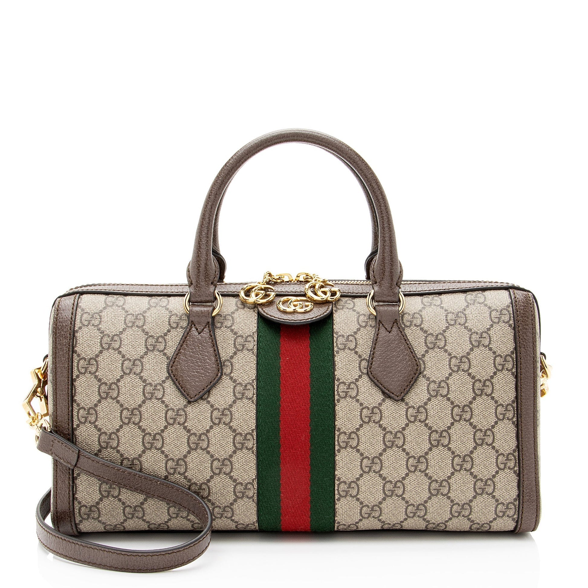 Gucci GG Supreme Ophidia Boston Leather Canvas Nylon Brown Satchel Bag