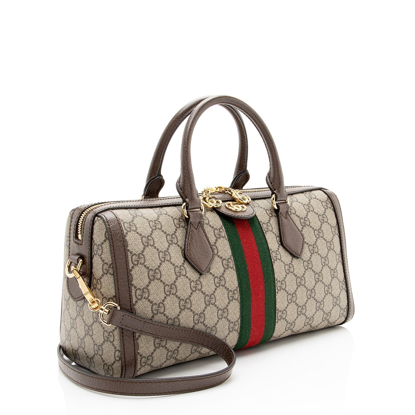 Gucci GG Supreme Ophidia Boston Leather Canvas Nylon Brown Satchel Bag