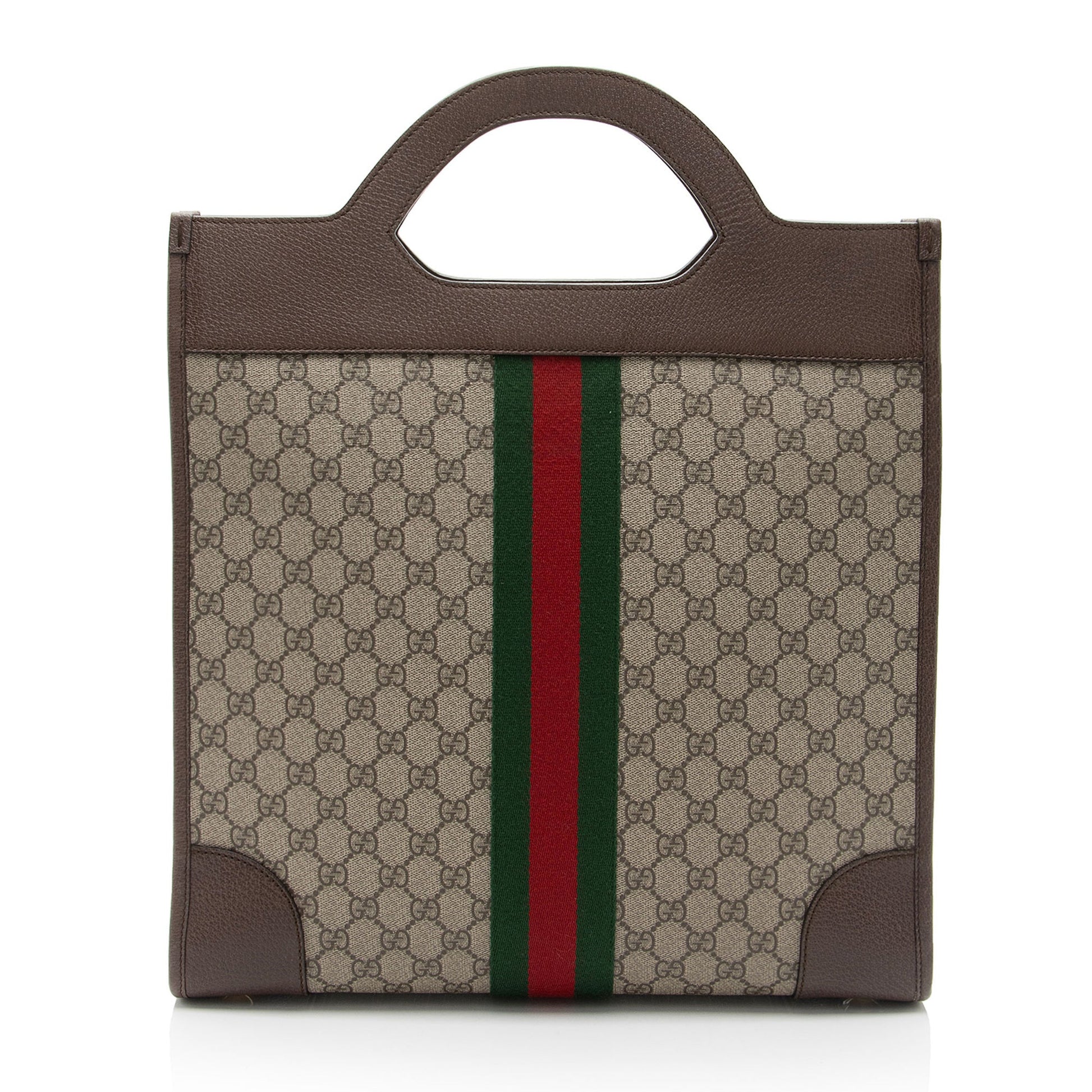 Gucci GG Supreme Ophidia Open Handle Leather Canvas Nylon Brown Tote Bag