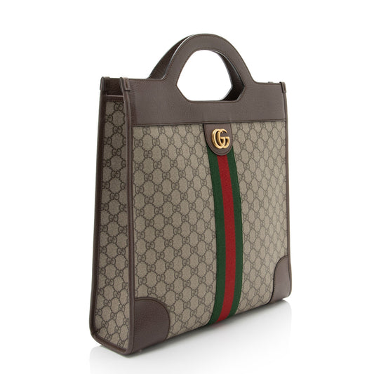 Gucci GG Supreme Ophidia Open Handle Leather Canvas Nylon Brown Tote Bag