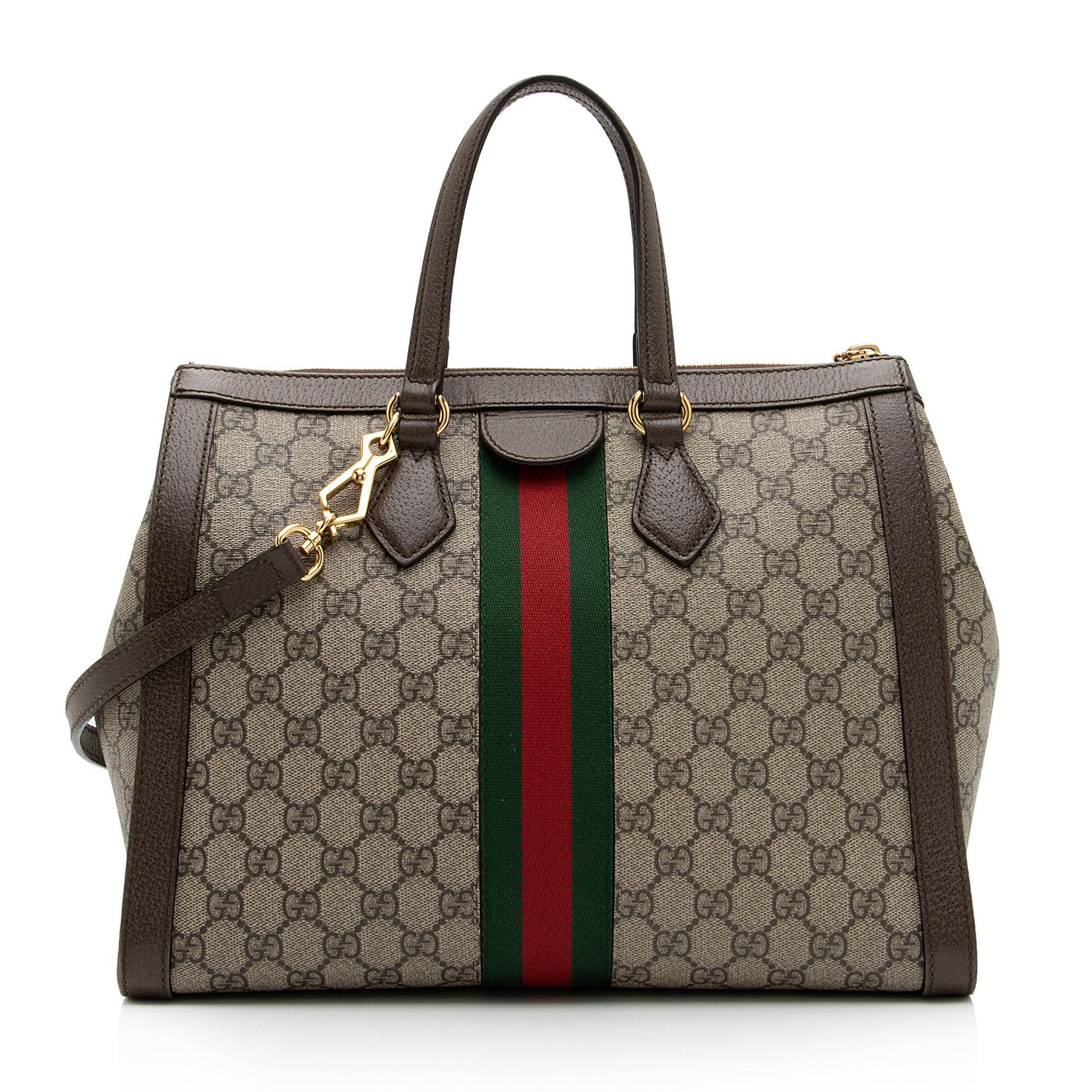 Gucci GG Supreme Ophidia Top Handle Leather Canvas Nylon Brown Tote Bag Shf En4Bhr