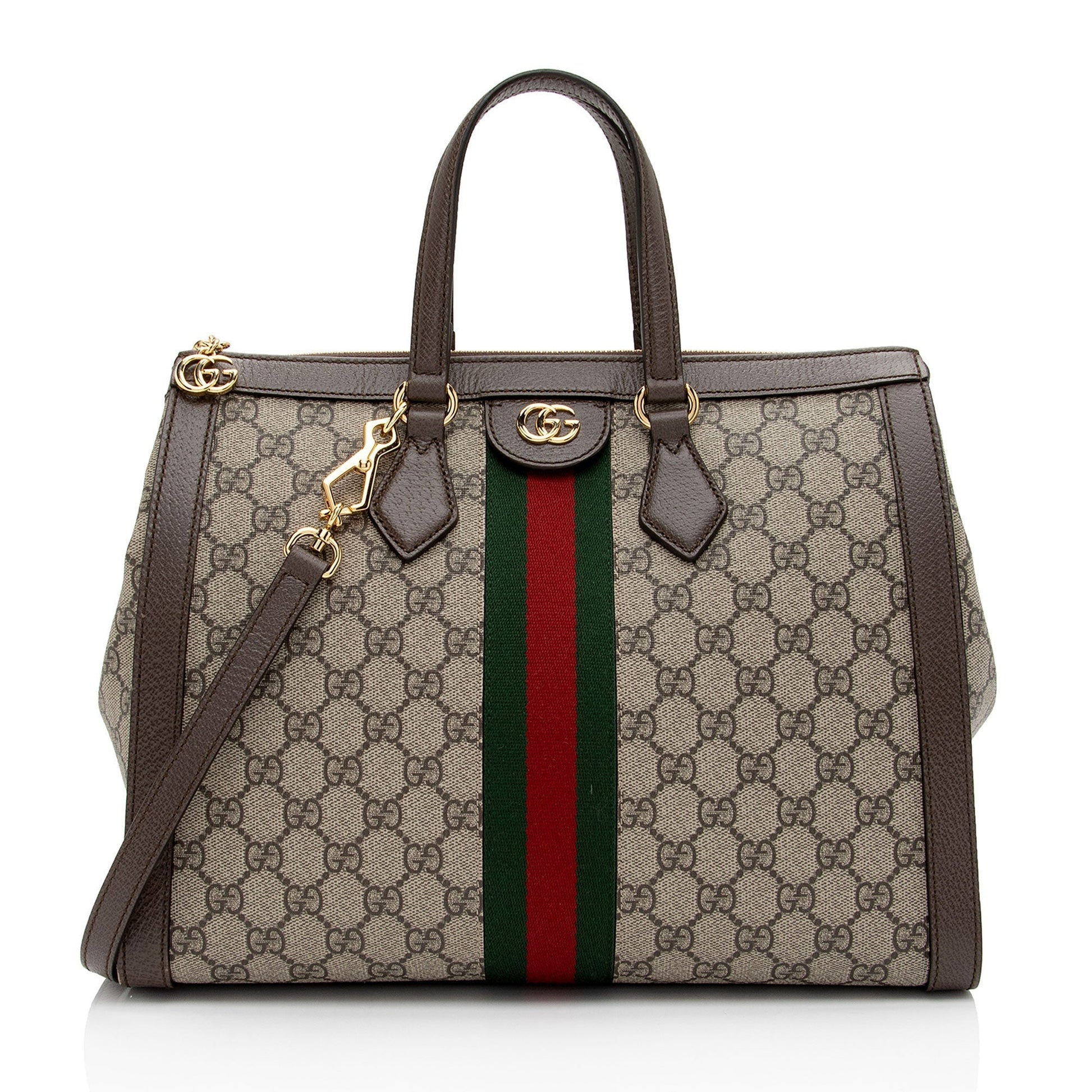 Gucci GG Supreme Ophidia Top Handle Leather Canvas Nylon Brown Tote Bag