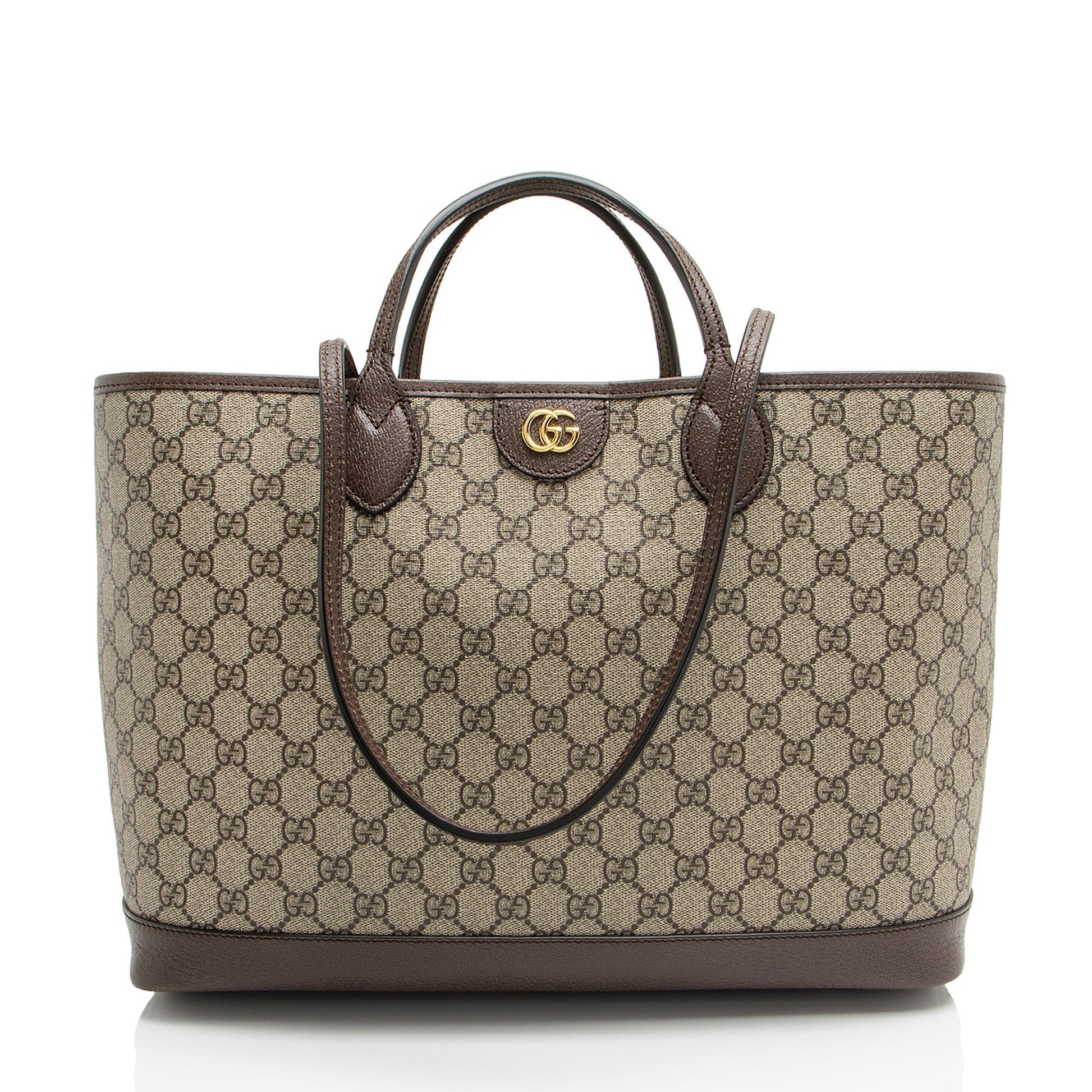 Gucci GG Supreme Ophidia E W Leather Canvas Brown Beige Tote Bag