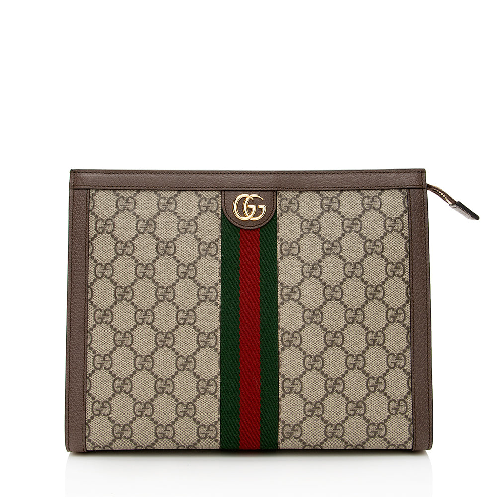 Gucci GG Supreme Ophidia Pouch SHF Leather Canvas Nylon Brown Clutch Bag