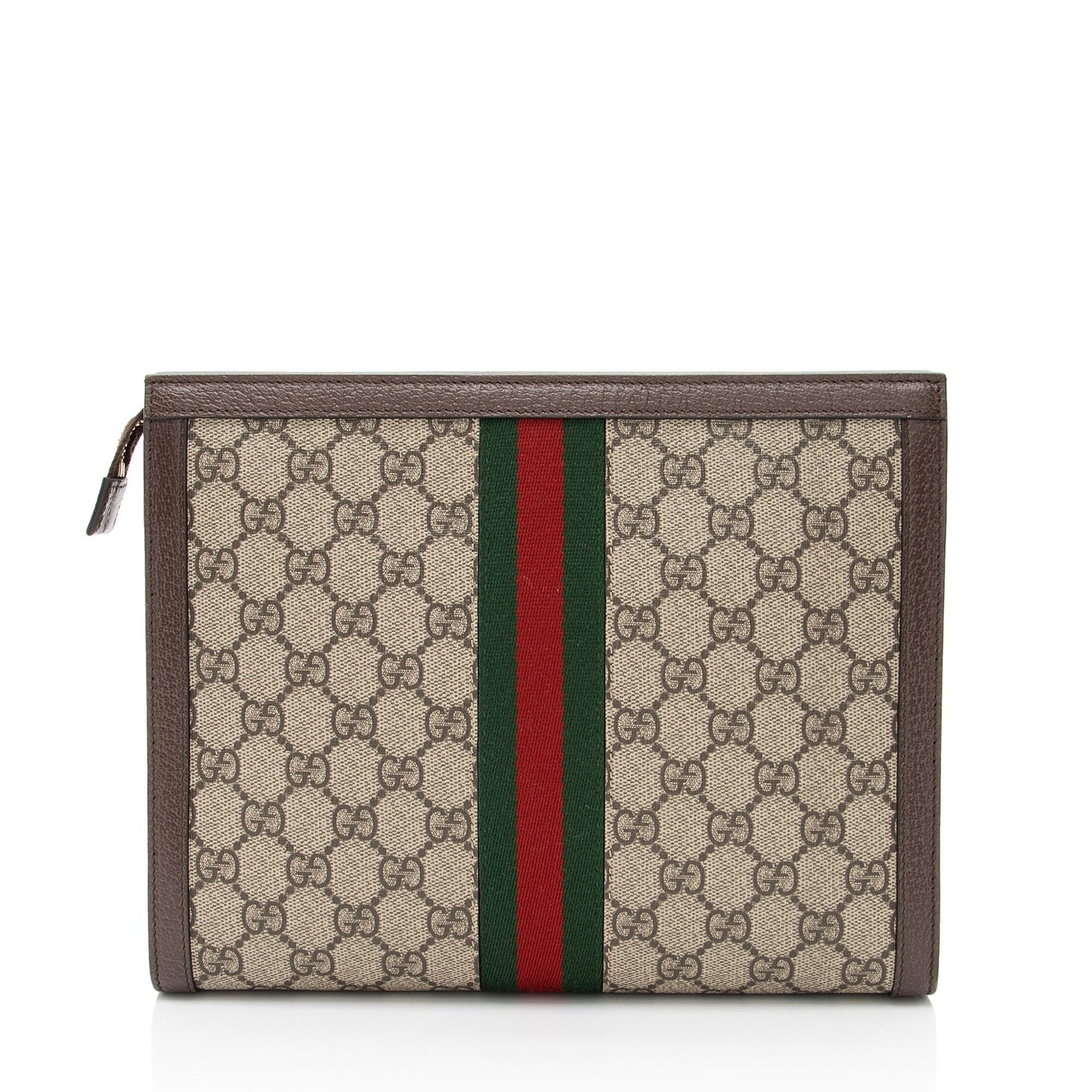 Gucci GG Supreme Ophidia Pouch Leather Canvas Nylon Brown Clutch Bag