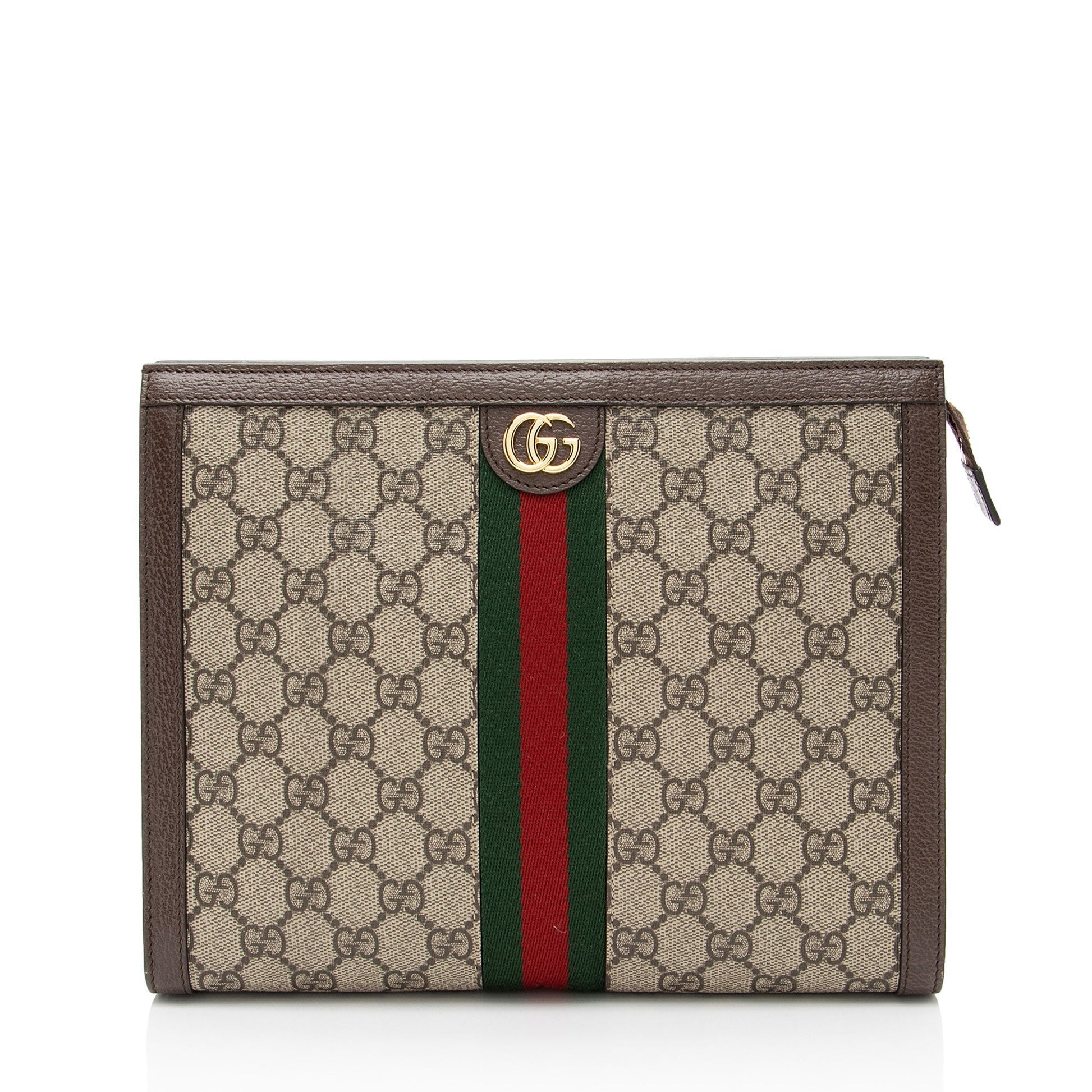 Gucci GG Supreme Ophidia Pouch Leather Canvas Nylon Brown Clutch Bag