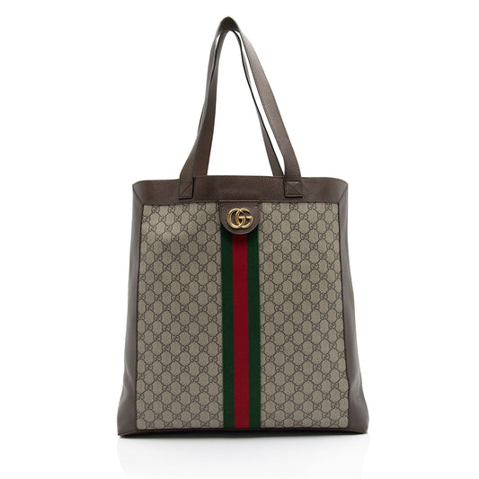 Gucci GG Supreme Ophidia Soft Vertical Leather Canvas Nylon Brown Tote Bag Shf Rk7Fhn