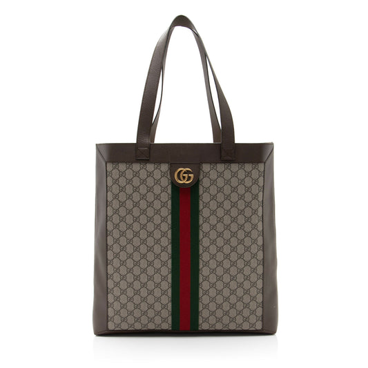 Gucci GG Supreme Ophidia Soft Vertical Leather Canvas Nylon Brown Tote Bag Shf By1N9K