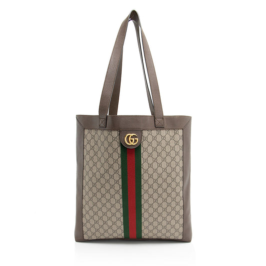 Gucci GG Supreme Ophidia Soft Vertical Leather Canvas Nylon Beige Tote Bag