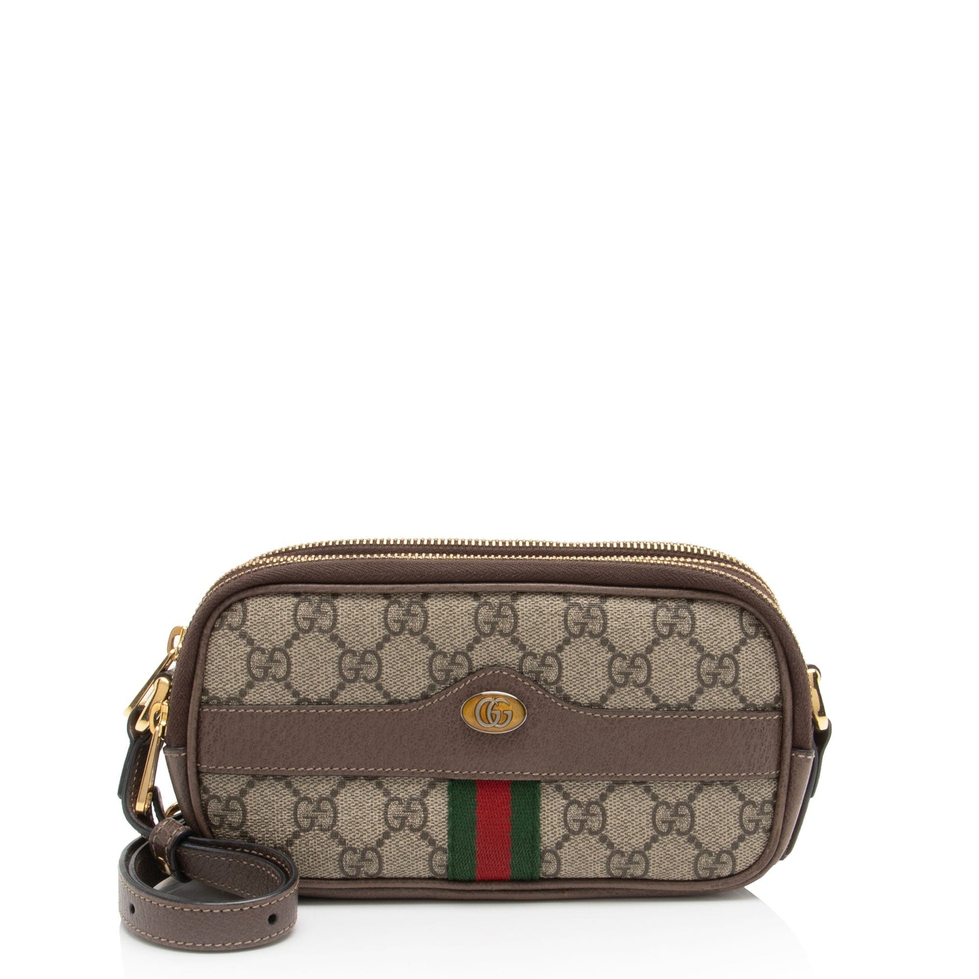 Gucci GG Supreme Ophidia Triple Zip Leather Canvas Nylon Brown Crossbody Bag