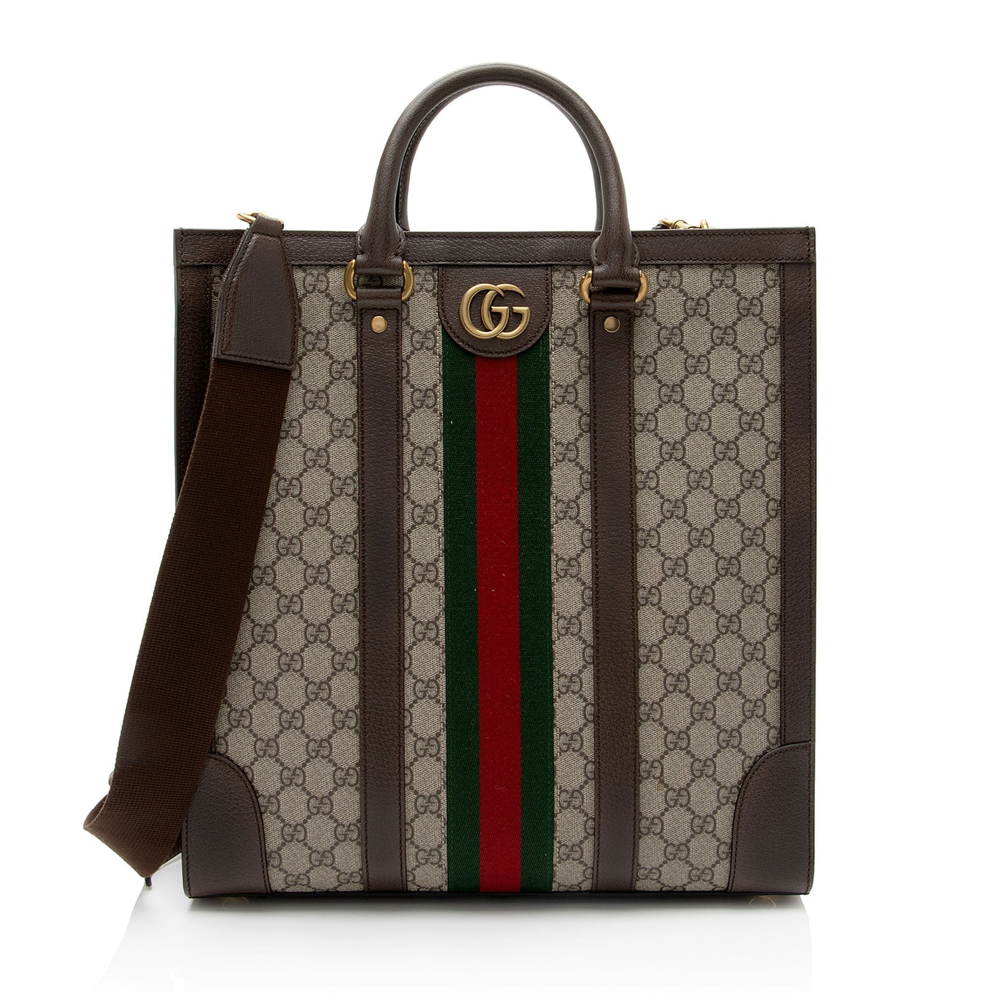Gucci GG Supreme Ophidia Vertical Leather Canvas Nylon Brown Tote Bag