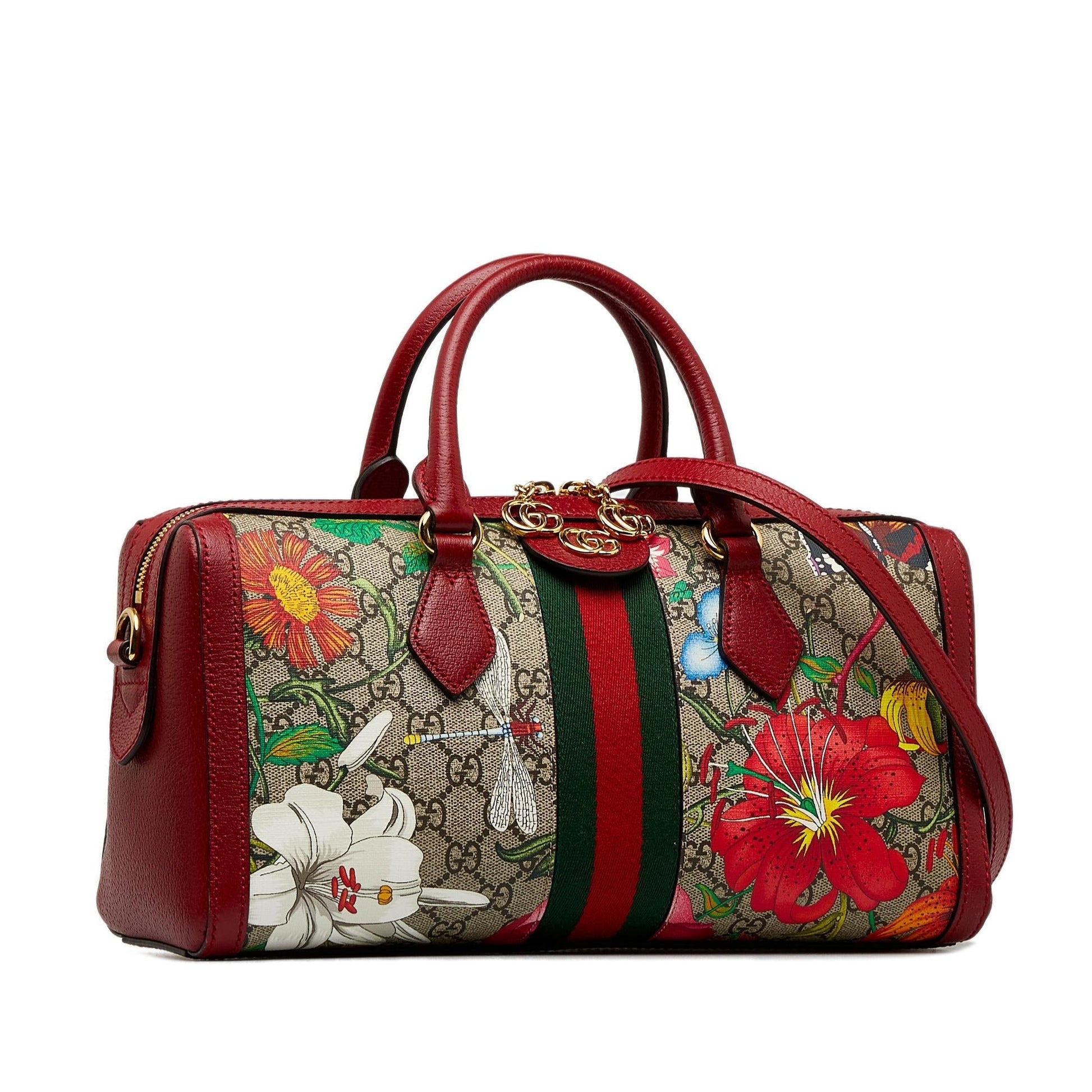 Gucci GG Supreme Ophidia Web Flora Canvas Calf Red Satchel Bag