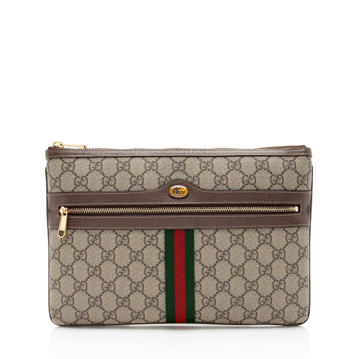 Gucci GG Supreme Ophidia Zip Pouch Leather Canvas Nylon Brown Clutch Bag
