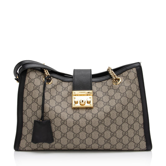 Gucci GG Supreme Padlock Chain SHF Leather Canvas Black Beige Shoulder Bag