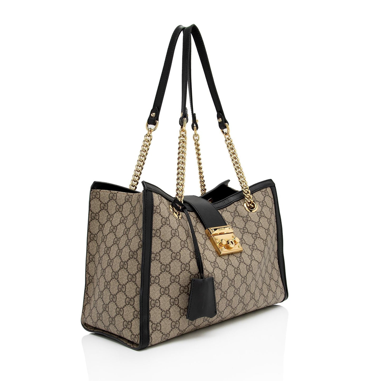 Gucci GG Supreme Padlock Chain SHF-pzwoLp Leather Canvas Black Beige Shoulder Bag