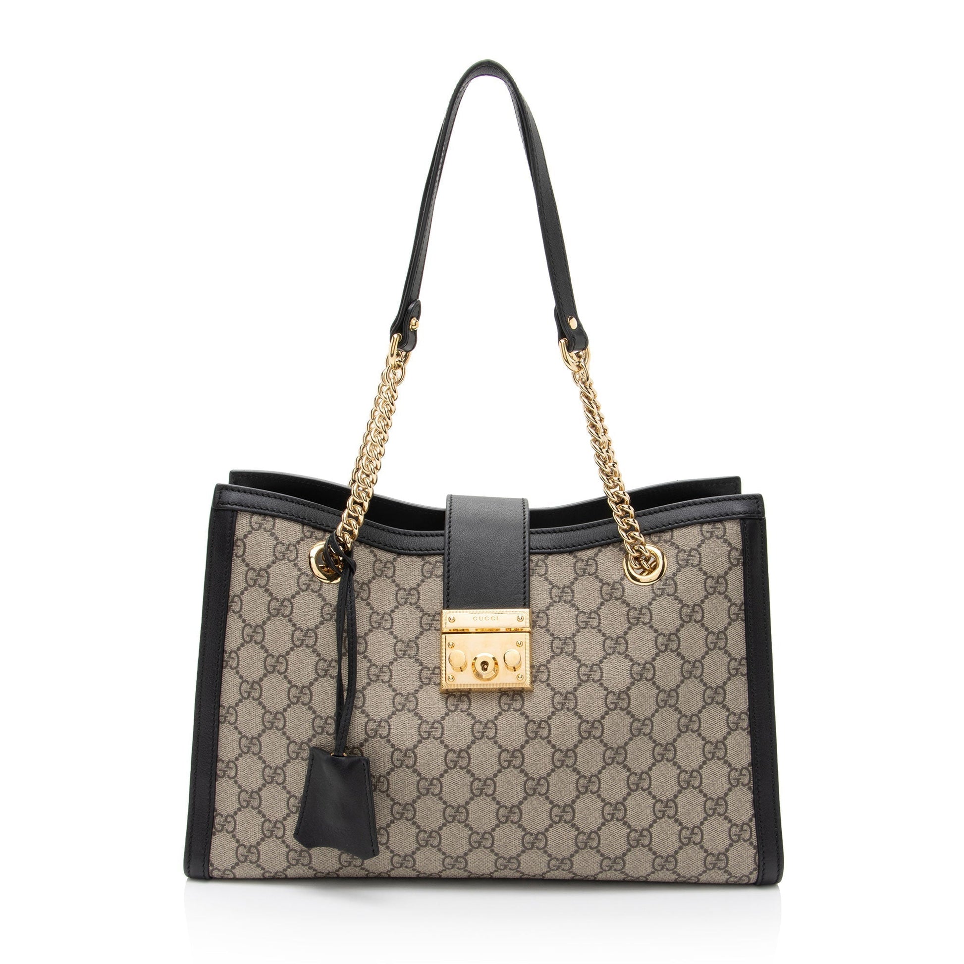 Gucci GG Supreme Padlock Chain SHF-cqPKOC Leather Canvas Black Beige Shoulder Bag
