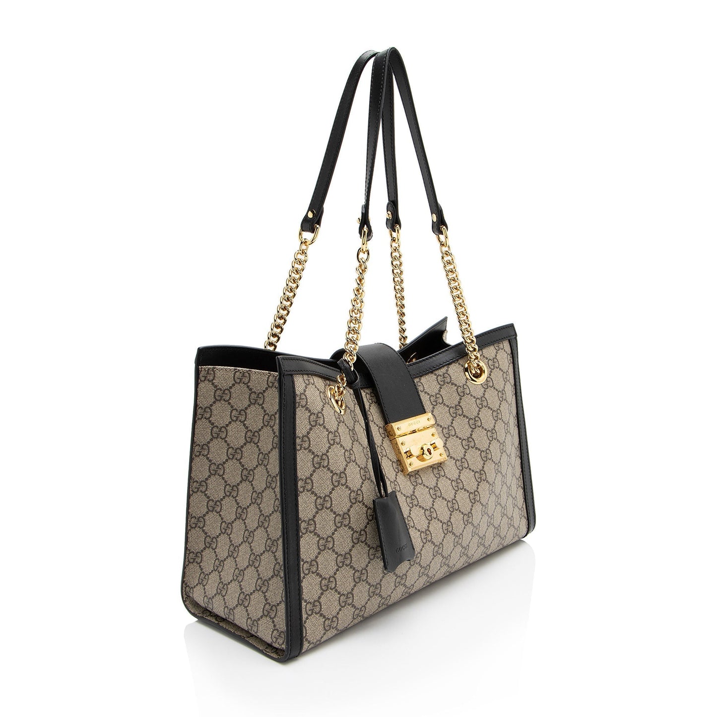Gucci GG Supreme Padlock Chain SHF-q4e2Rg Leather Canvas Black Beige Shoulder Bag