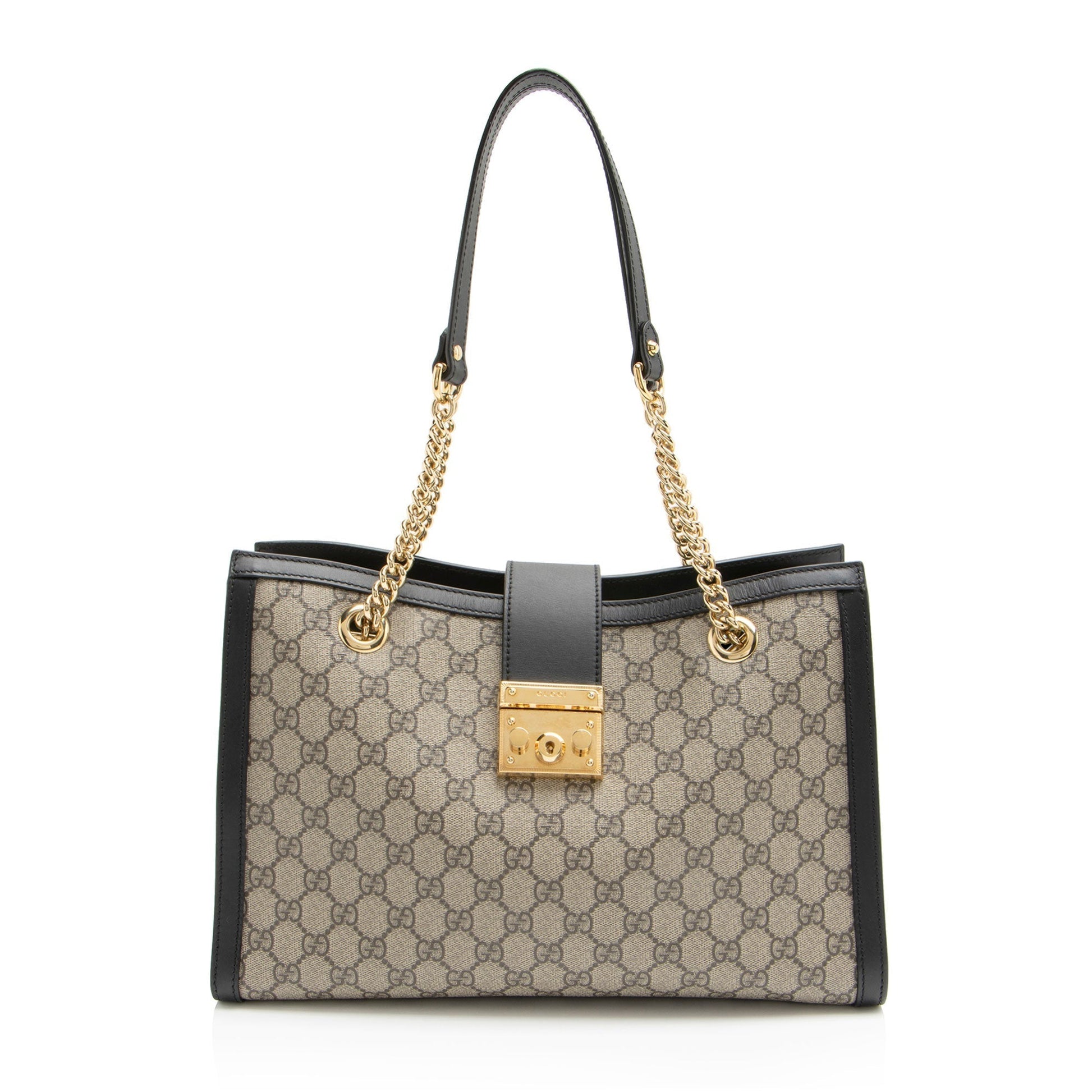 Gucci GG Supreme Padlock Chain SHF-aTdUTN Leather Canvas Black Brown Shoulder Bag