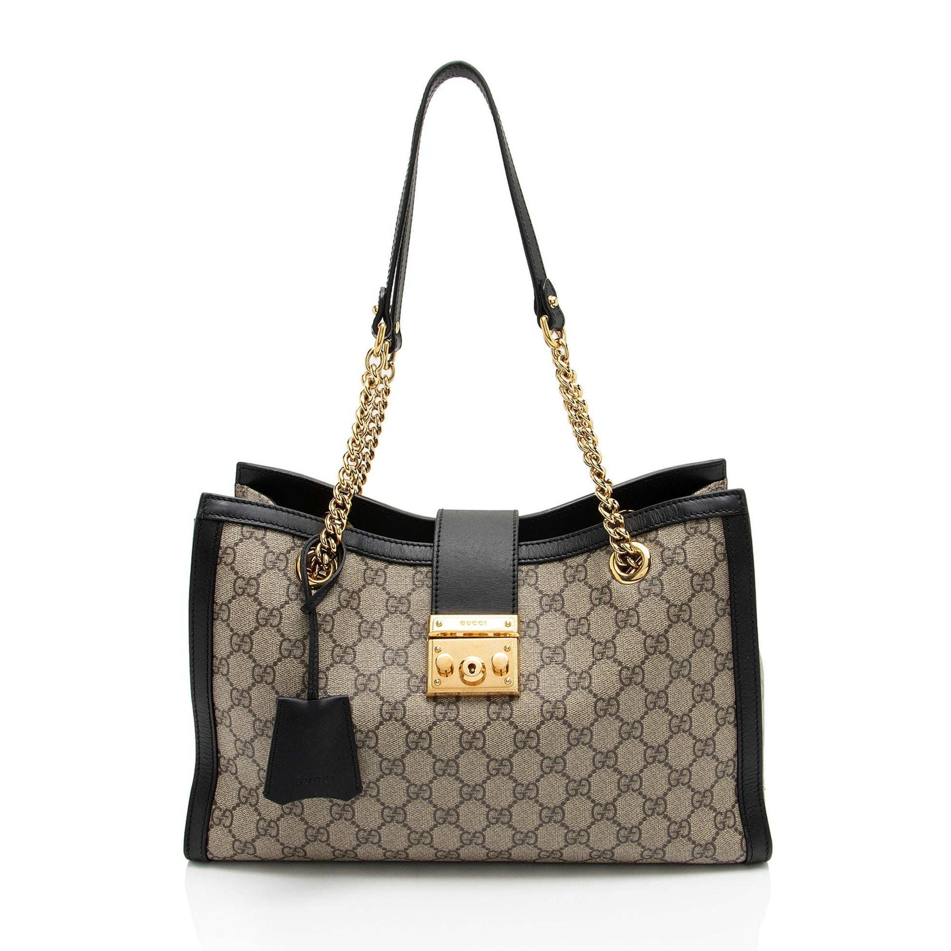 Gucci GG Supreme Padlock Chain Leather Canvas Beige Medium Shoulder Bag