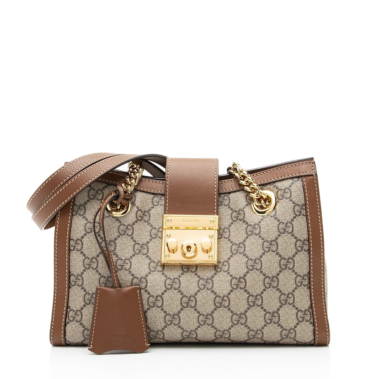 Gucci GG Supreme Padlock Chain SHF Leather Canvas Brown Beige Shoulder Bag